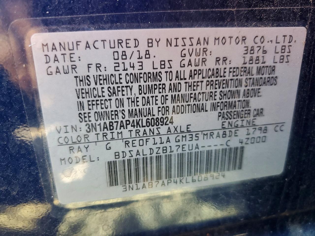 2019 Nissan Sentra Sv Blue vin: 3N1AB7AP4KL608924