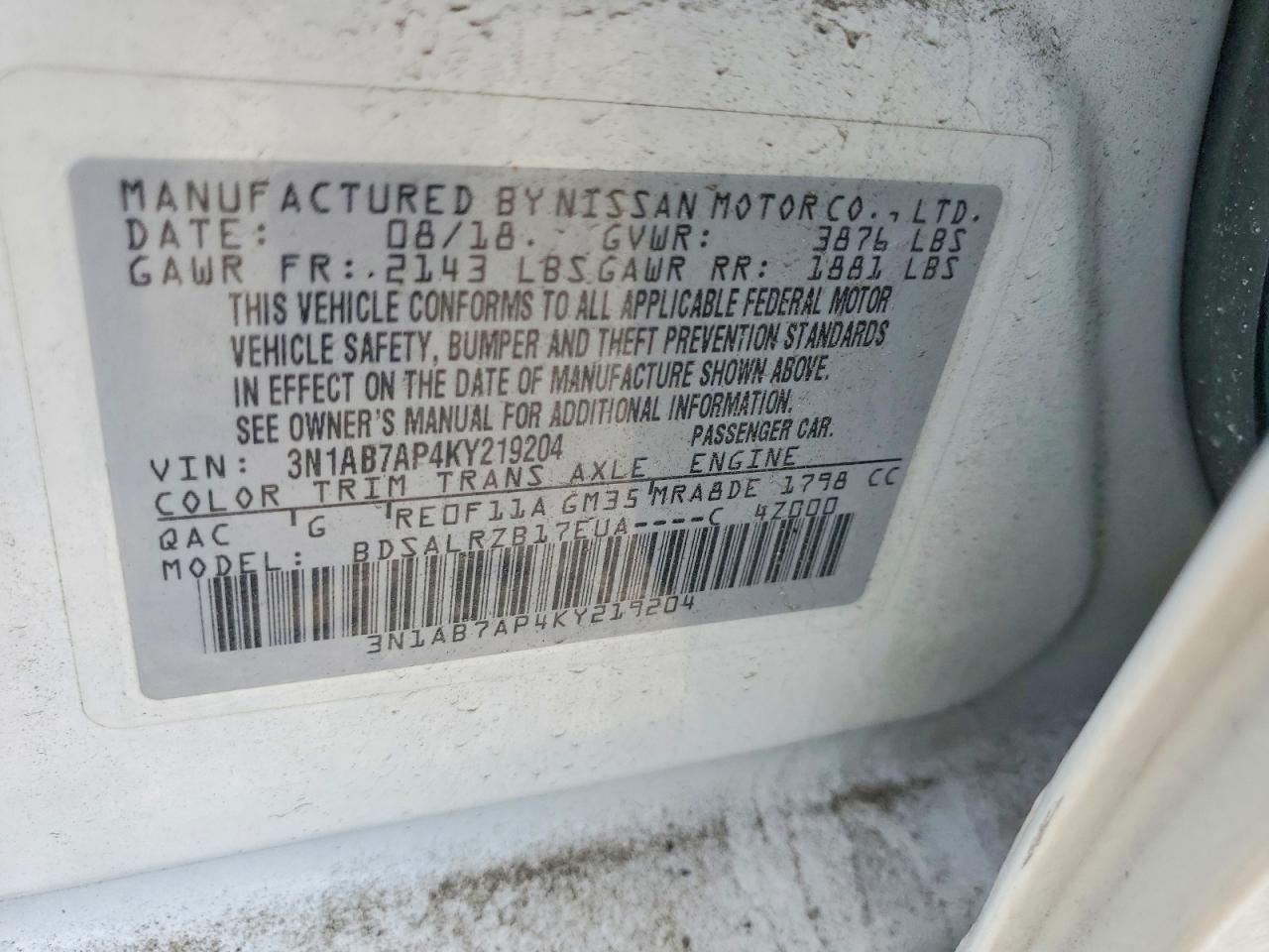 2019 Nissan Sentra Sr White vin: 3N1AB7AP4KY219204