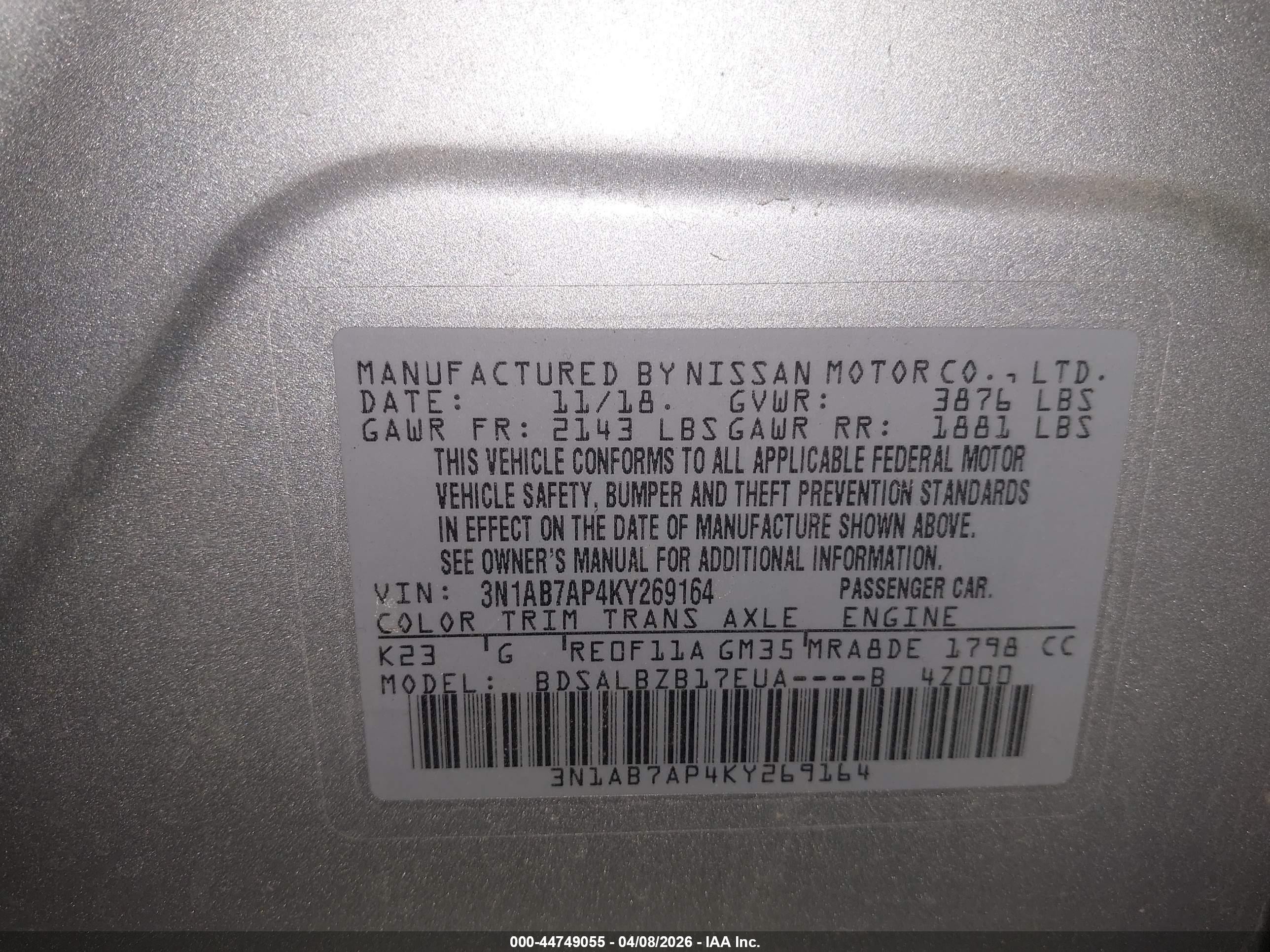 2019 Nissan Sentra S Серебряный vin: 3N1AB7AP4KY269164