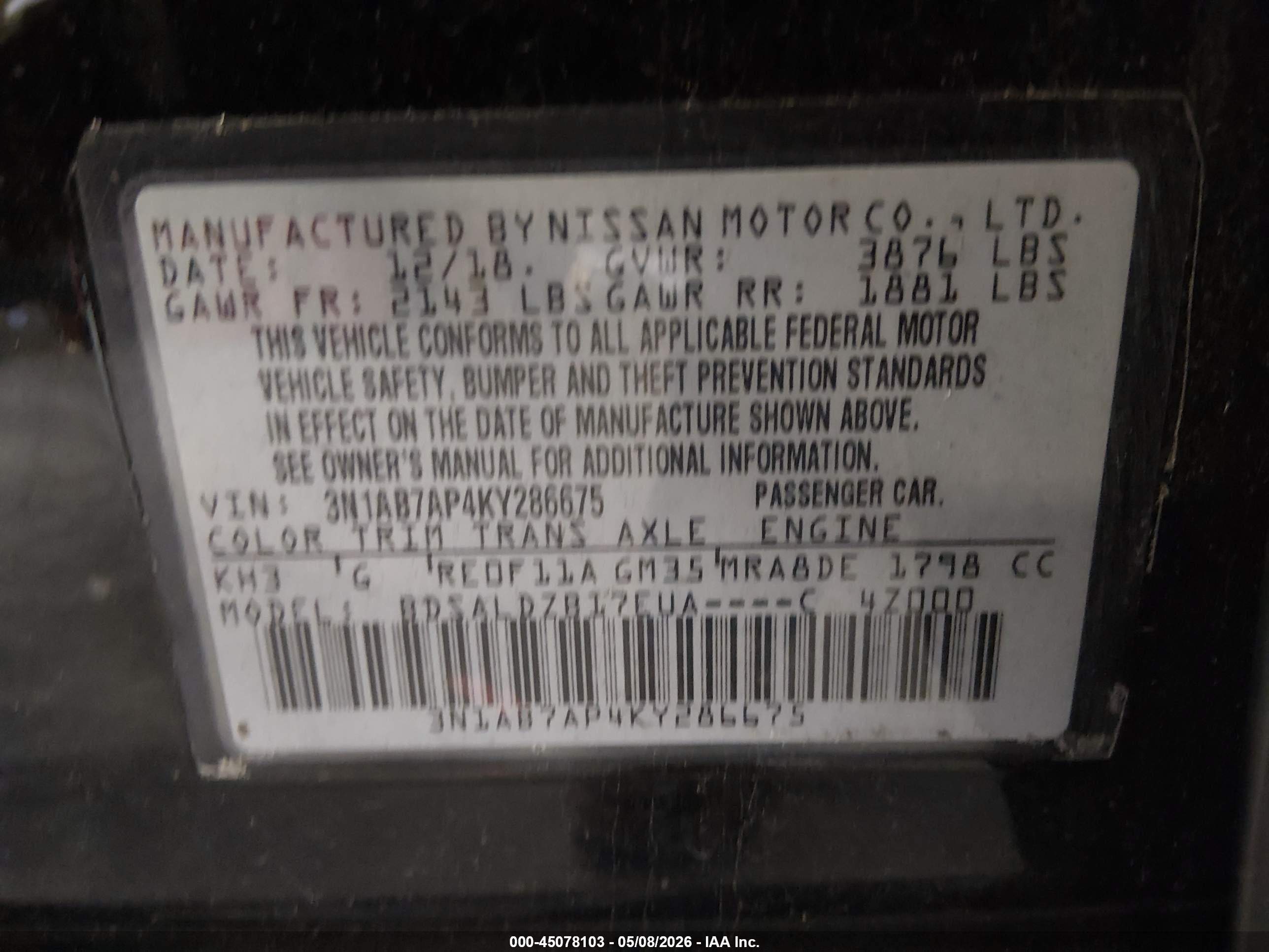 2019 Nissan Sentra Sv Black vin: 3N1AB7AP4KY286675