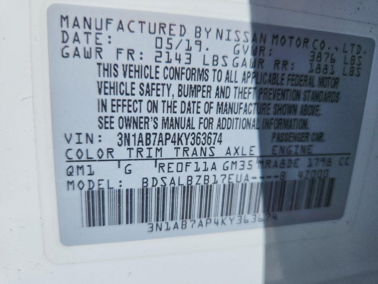 2019 Nissan Sentra S White vin: 3N1AB7AP4KY363674