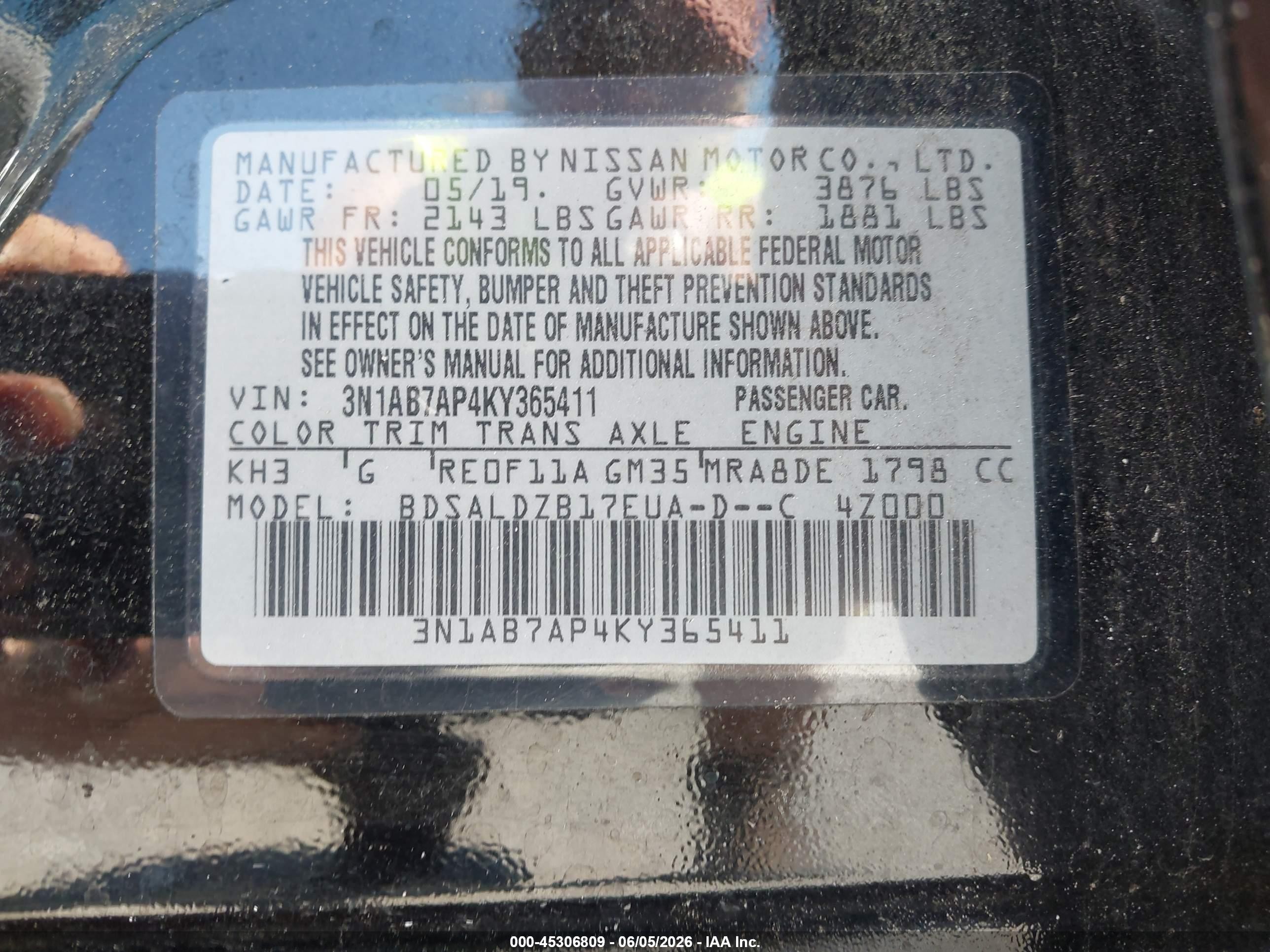 2019 Nissan Sentra Sv Black vin: 3N1AB7AP4KY365411