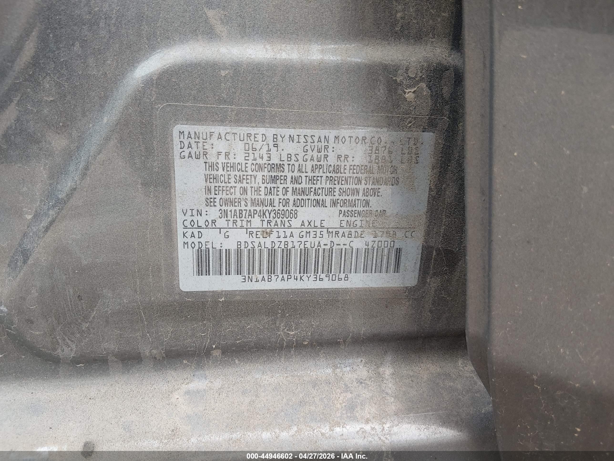 2019 Nissan Sentra Sv Gray vin: 3N1AB7AP4KY369068