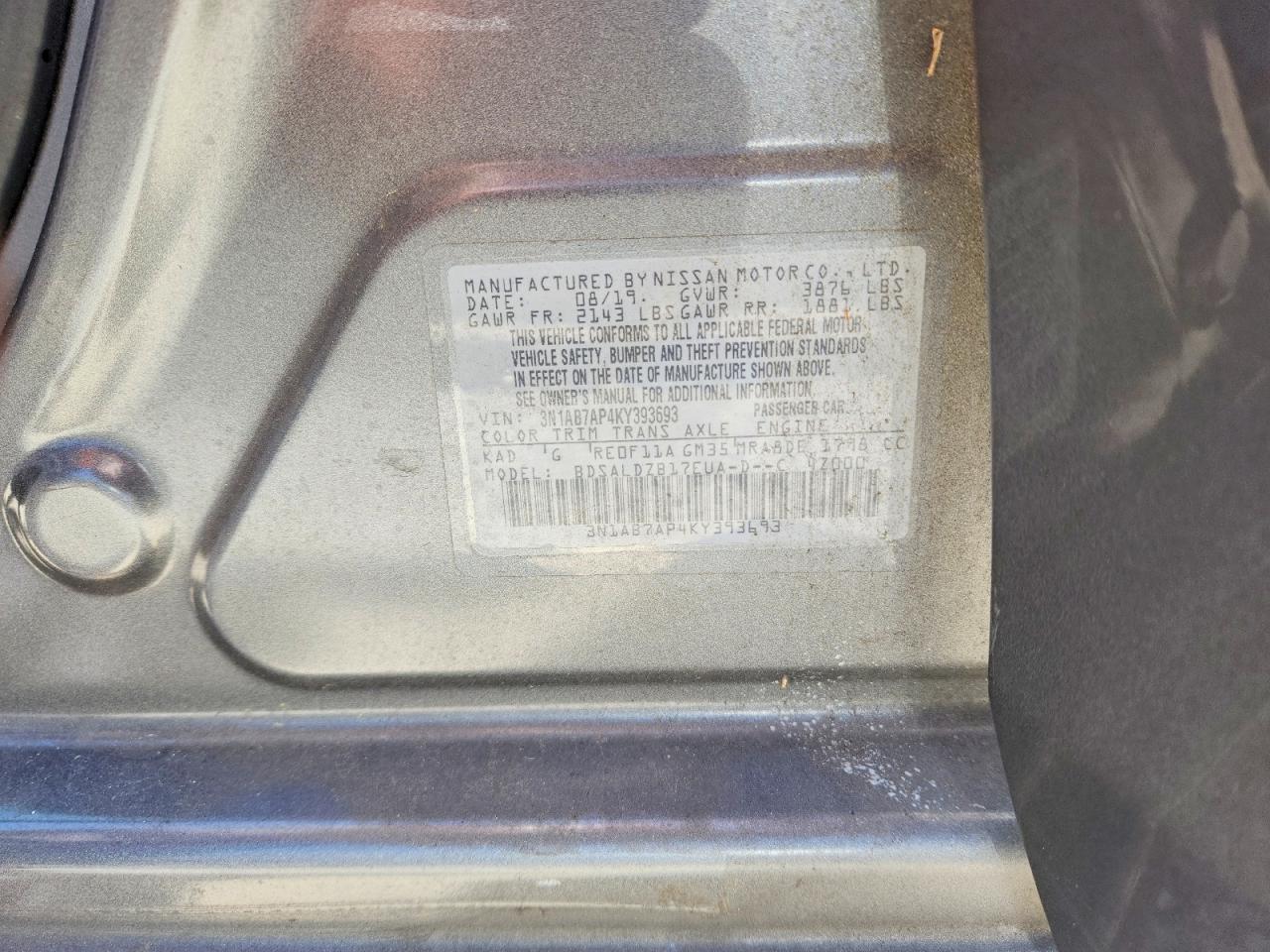 2019 Nissan Sentra Sv Gray vin: 3N1AB7AP4KY393693