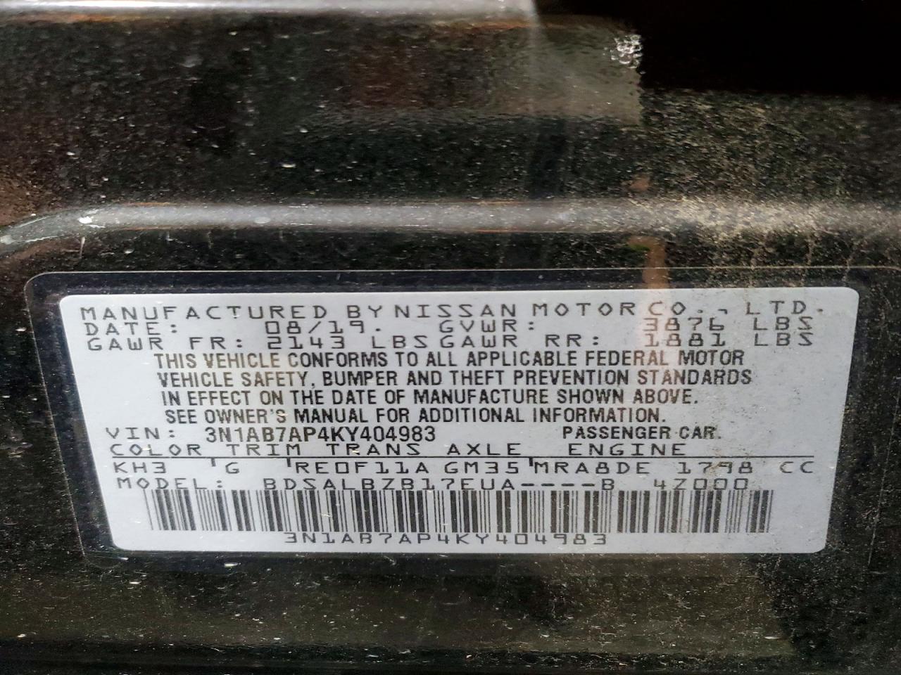 2019 Nissan Sentra S Black vin: 3N1AB7AP4KY404983