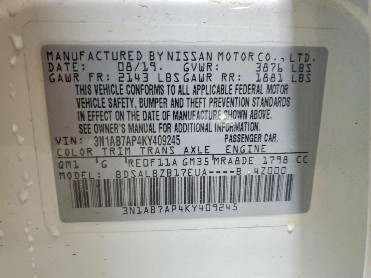 2019 Nissan Sentra S White vin: 3N1AB7AP4KY409245