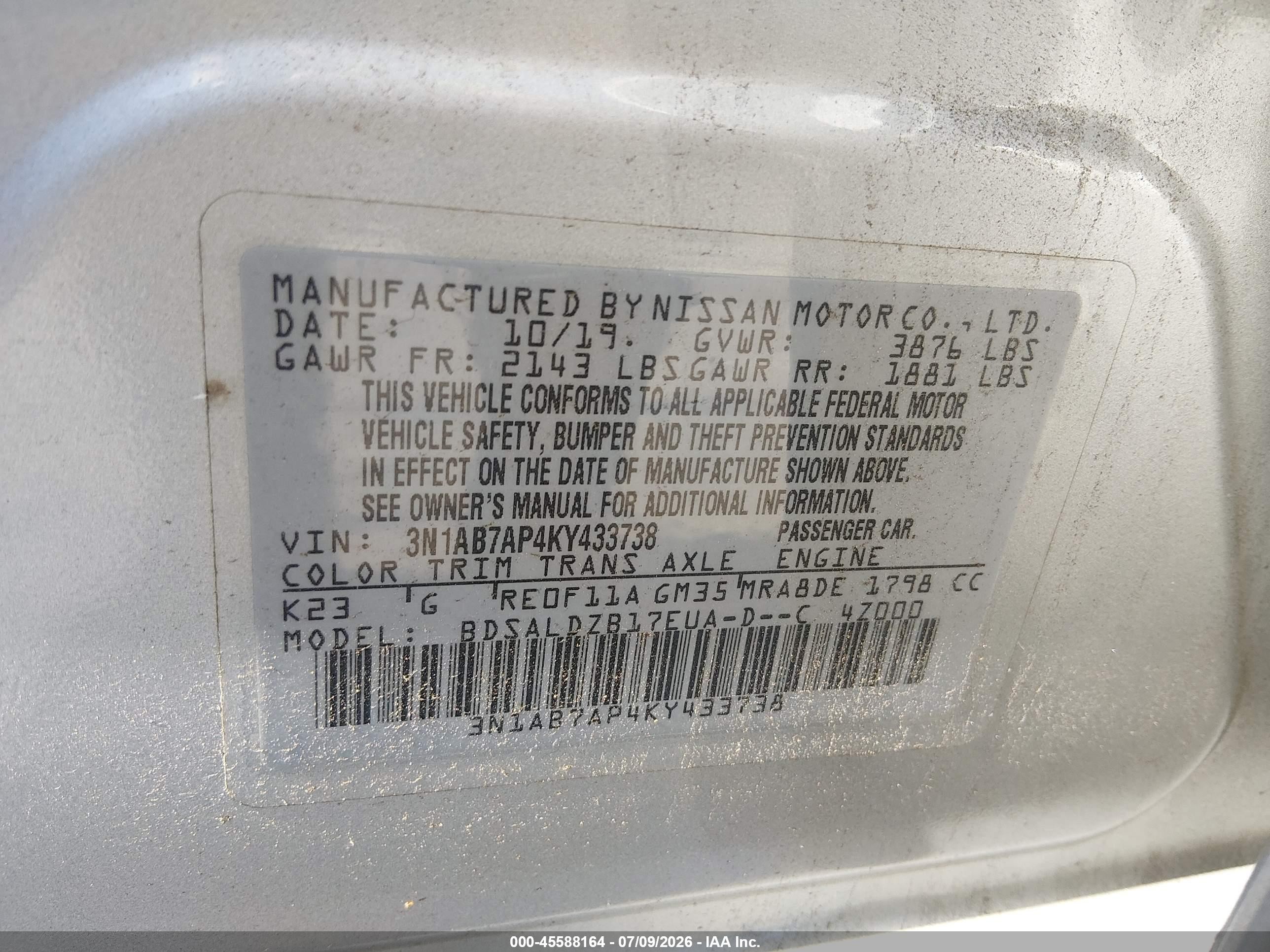 2019 Nissan Sentra Sv Silver vin: 3N1AB7AP4KY433738