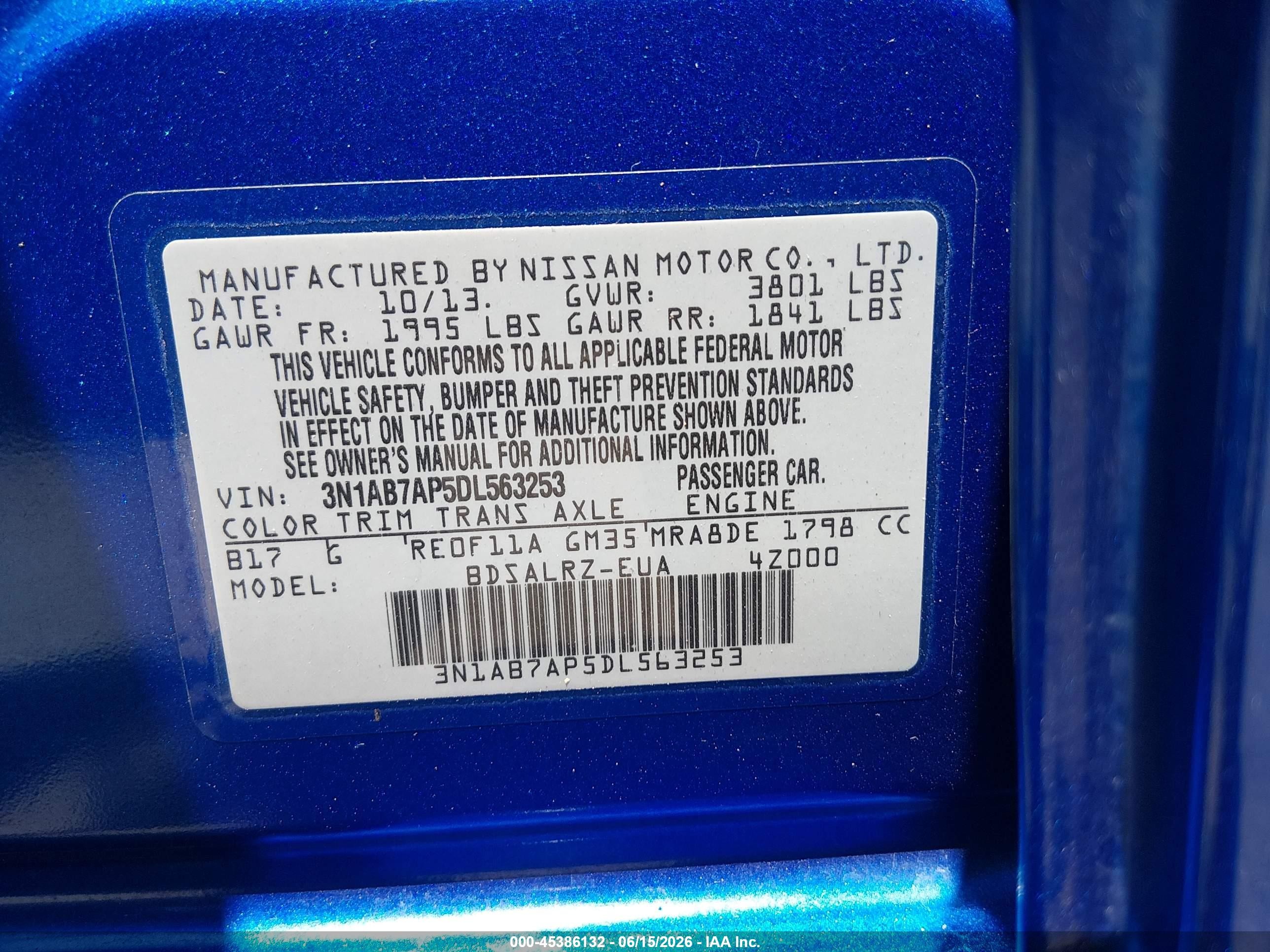2013 Nissan Sentra Sr Blue vin: 3N1AB7AP5DL563253