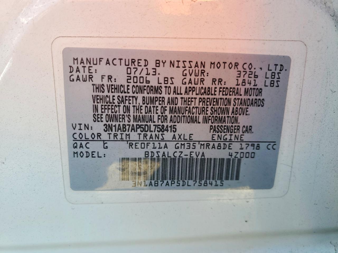 2013 Nissan Sentra S White vin: 3N1AB7AP5DL758415