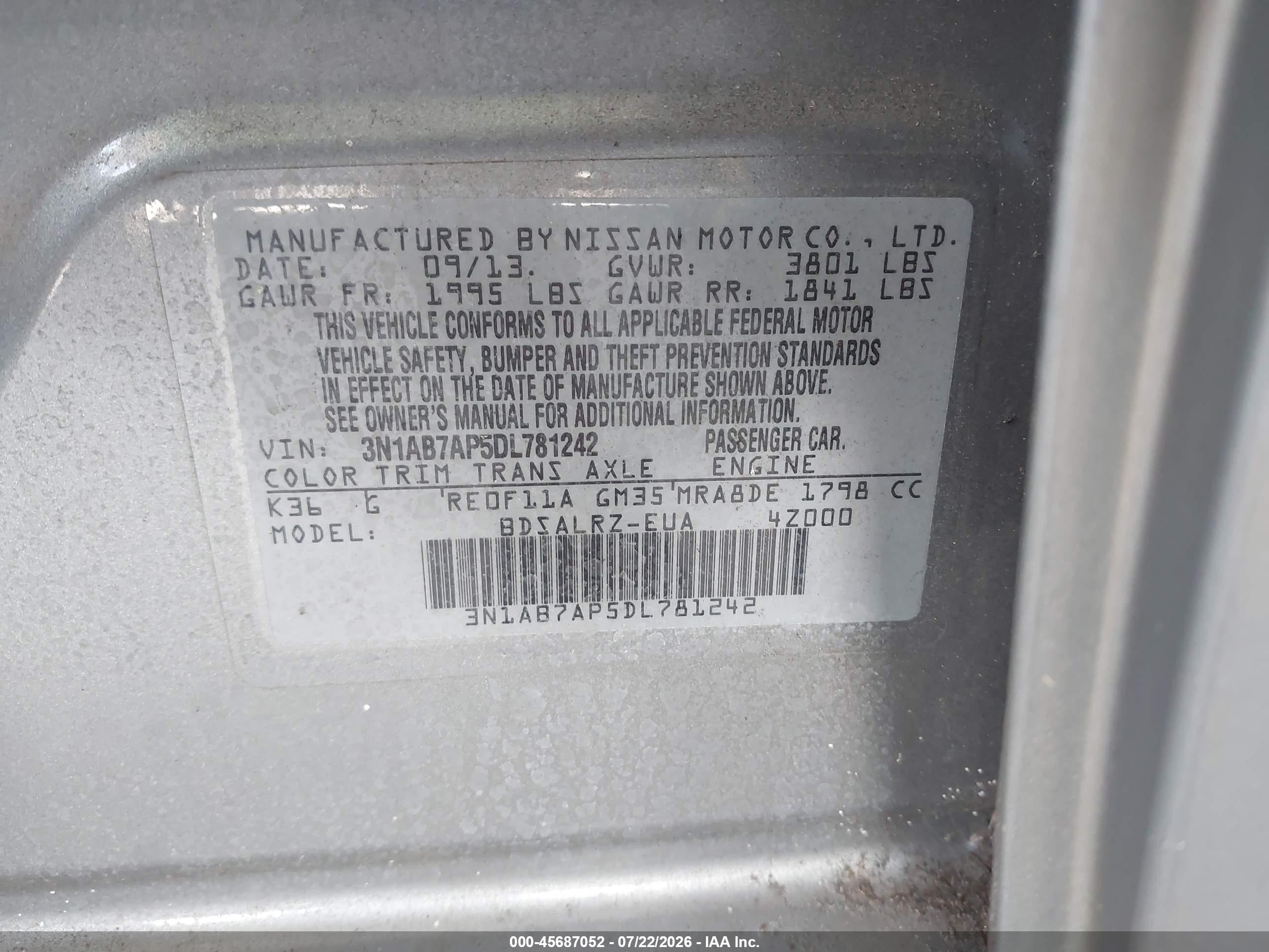 2013 Nissan Sentra Sr Серый vin: 3N1AB7AP5DL781242