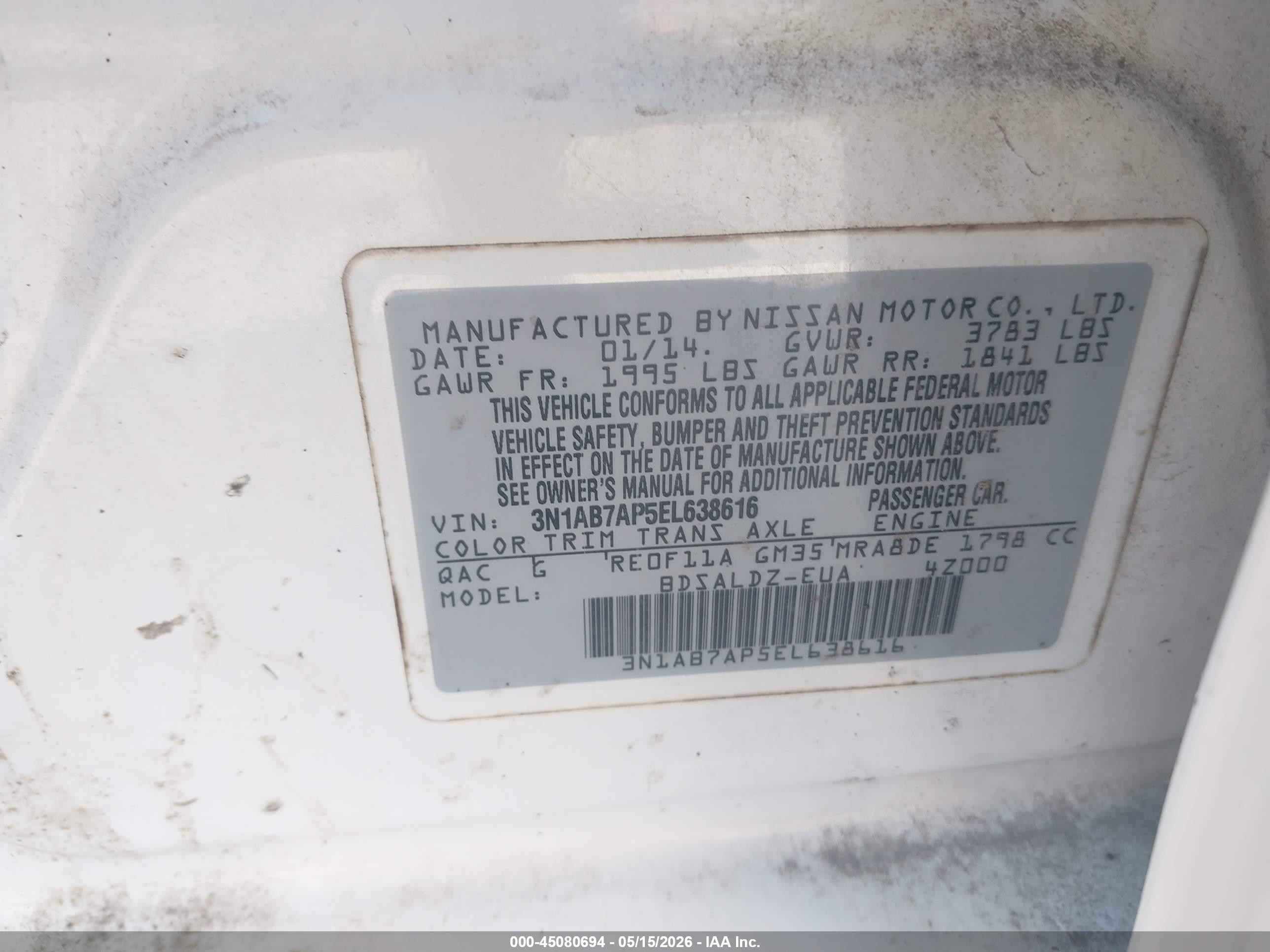 2014 Nissan Sentra Fe+ S/fe+ Sv/s/sl/sr/sv Белый vin: 3N1AB7AP5EL638616