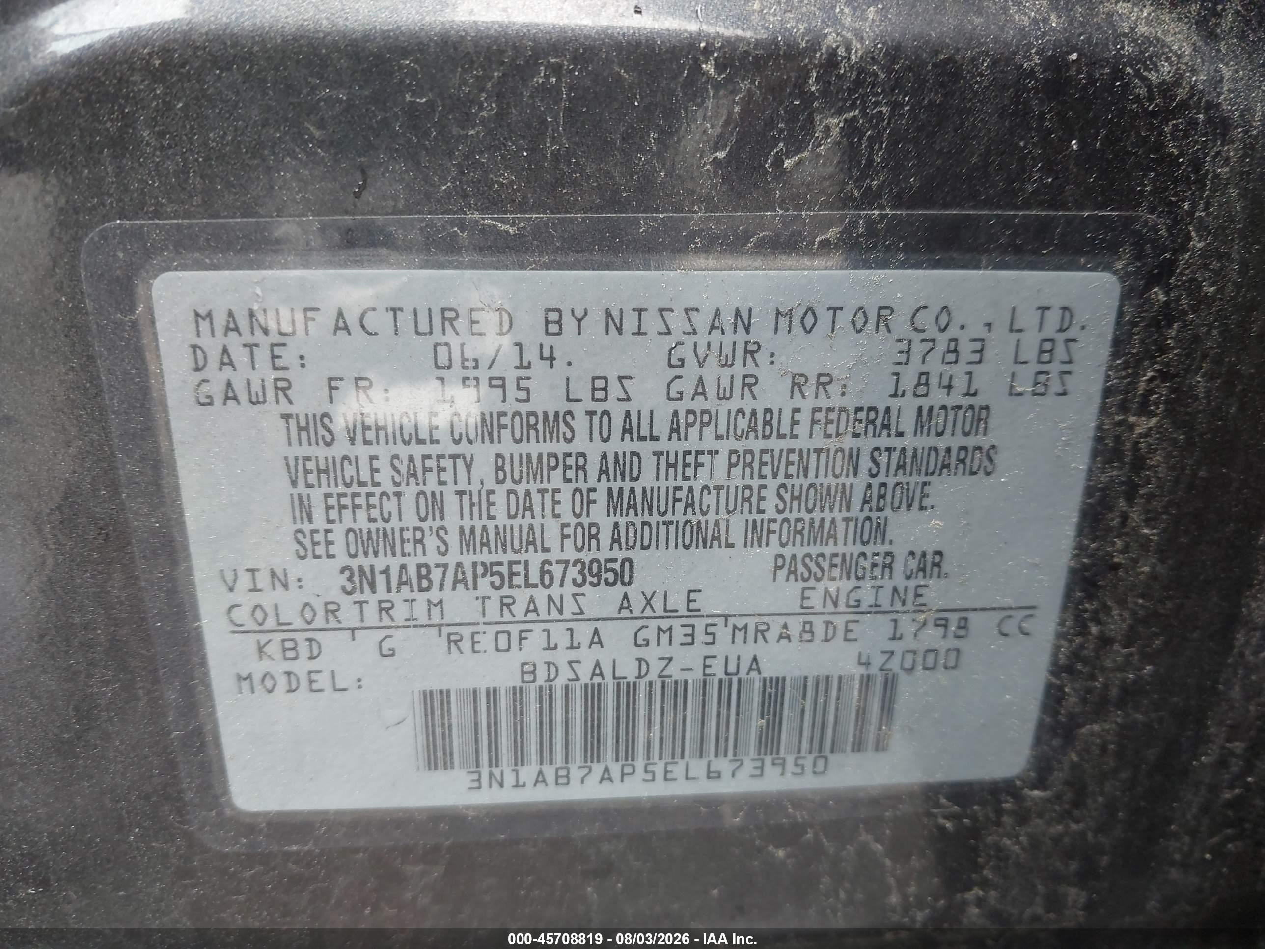 2014 Nissan Sentra Fe+ S/fe+ Sv/s/sl/sr/sv Gray vin: 3N1AB7AP5EL673950