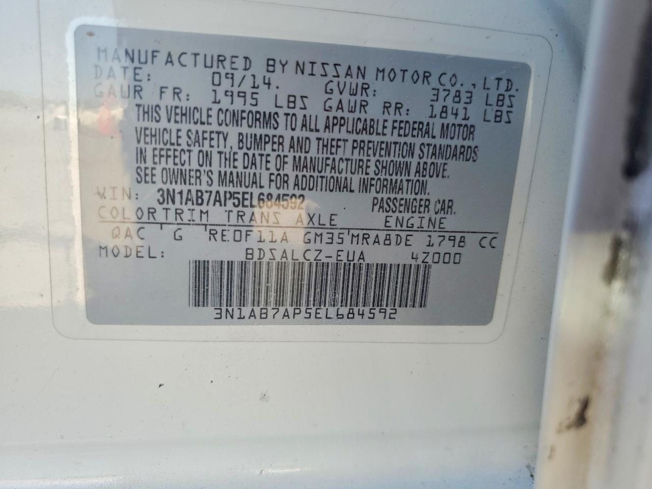 2014 Nissan Sentra S White vin: 3N1AB7AP5EL684592