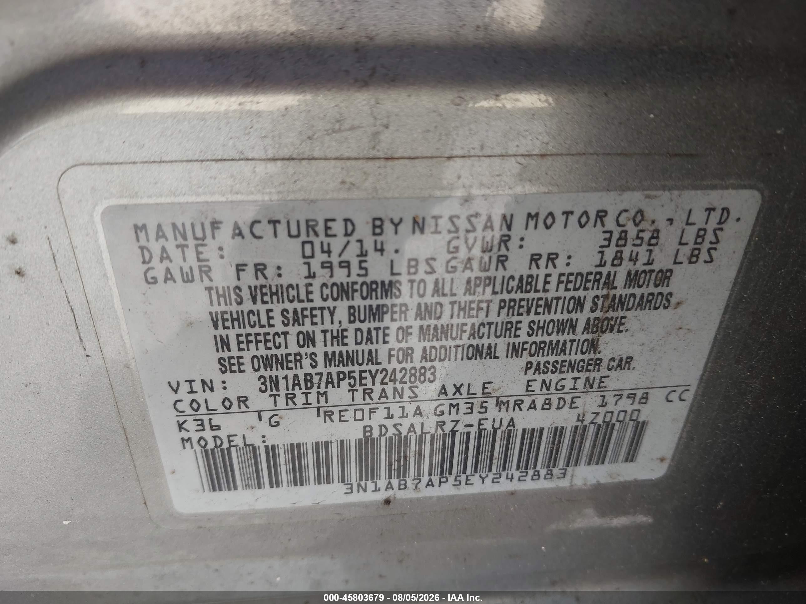 2014 Nissan Sentra Sr Gray vin: 3N1AB7AP5EY242883
