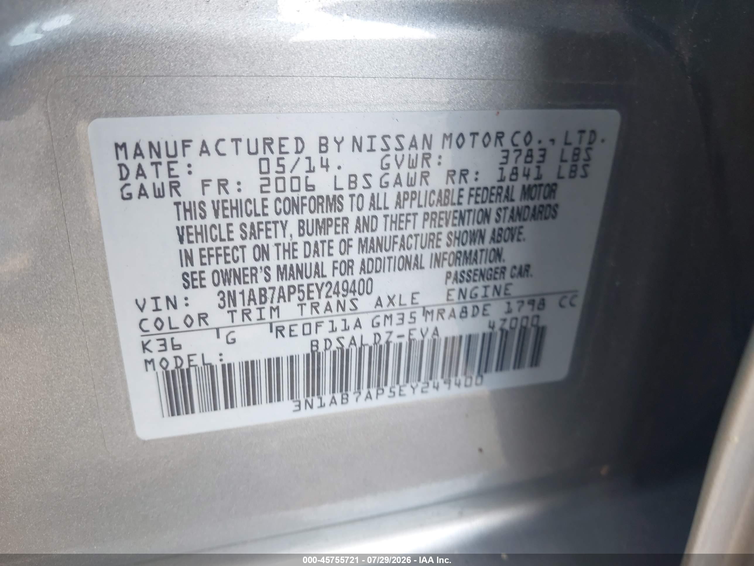 2014 Nissan Sentra Fe+ S/fe+ Sv/s/sl/sr/sv Silver vin: 3N1AB7AP5EY249400