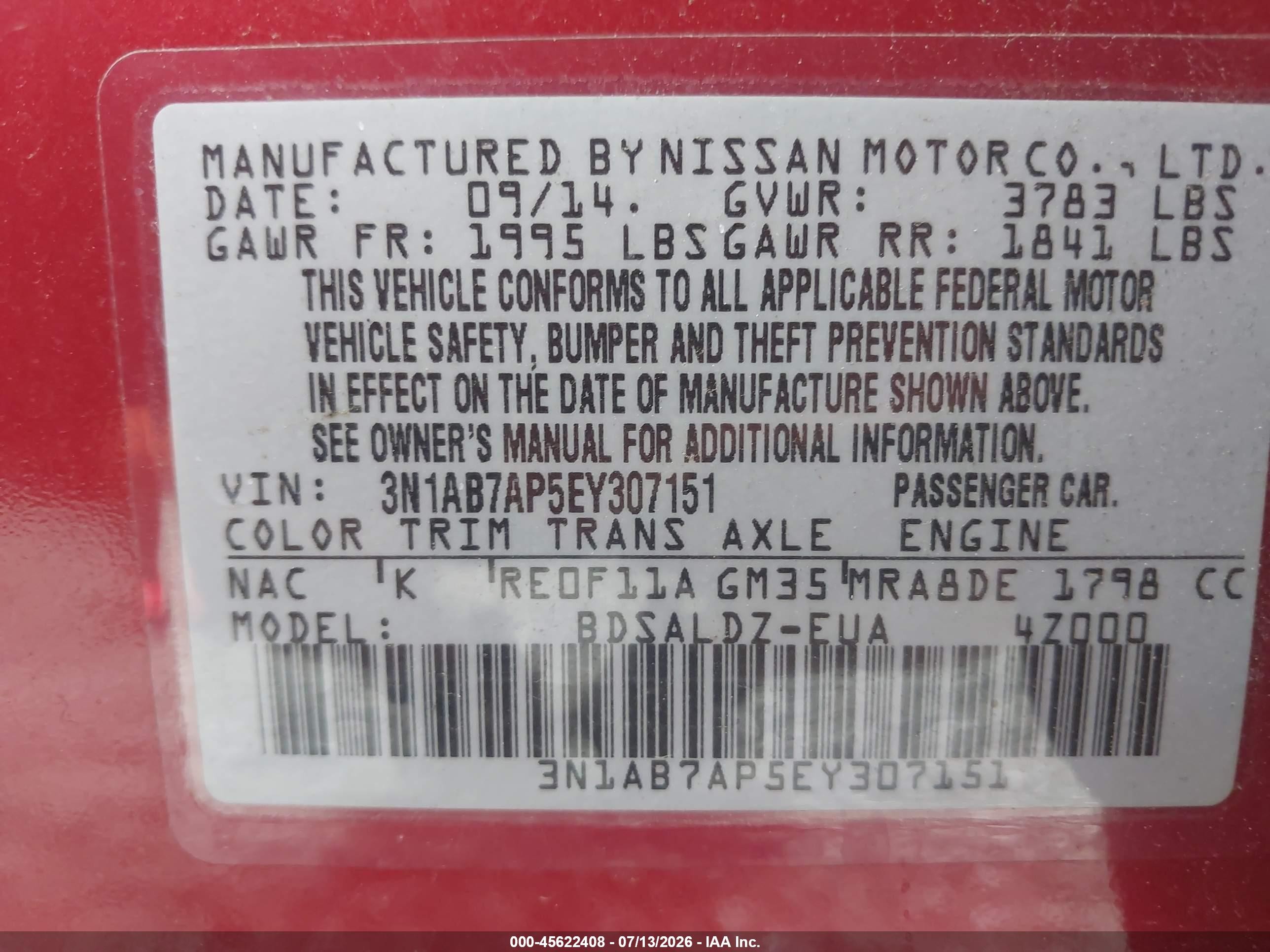2014 Nissan Sentra Sv Red vin: 3N1AB7AP5EY307151