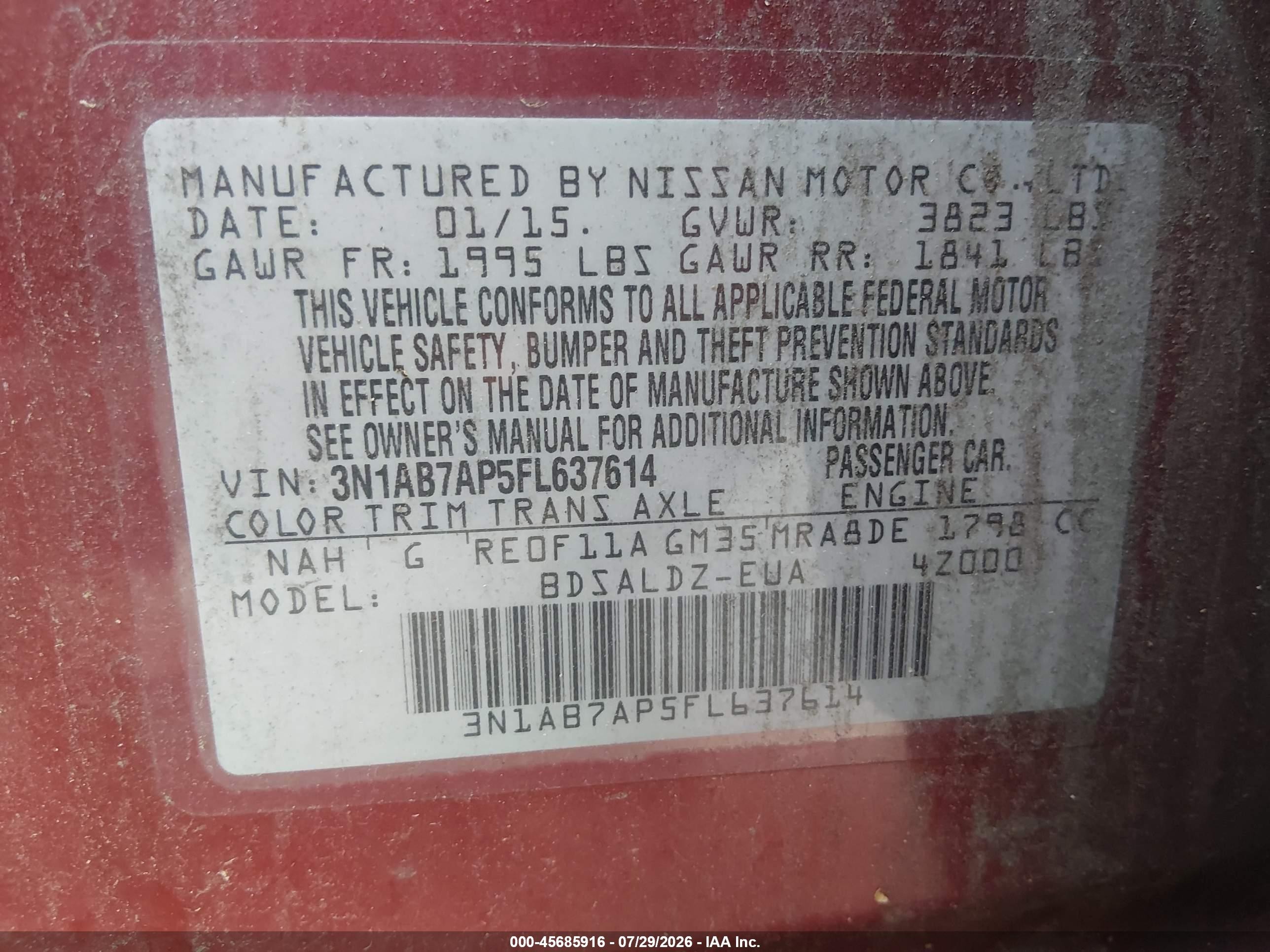2015 Nissan Sentra Fe+ S/s/sl/sr/sv Red vin: 3N1AB7AP5FL637614