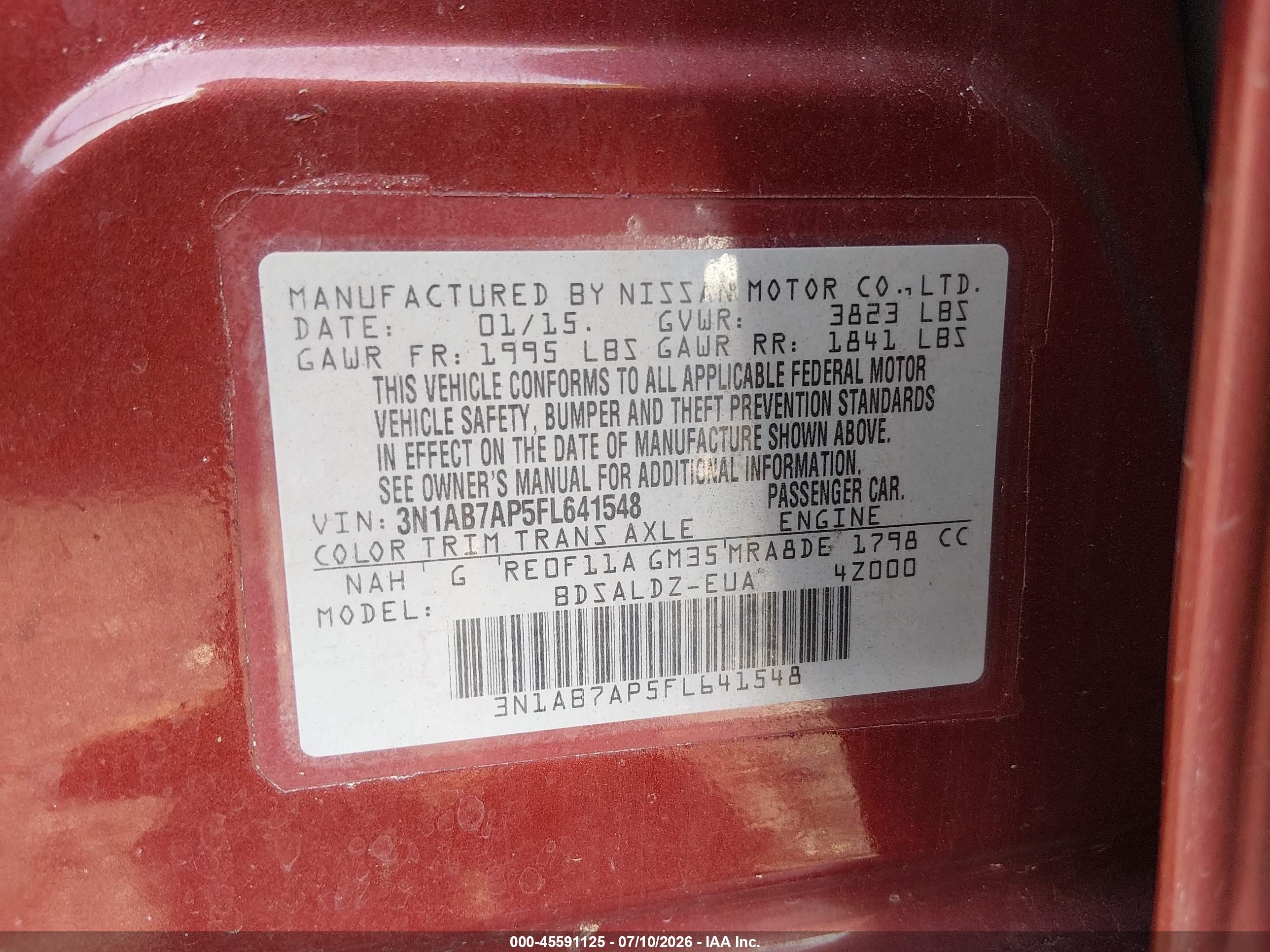 2015 Nissan Sentra Fe+ S/s/sl/sr/sv Red vin: 3N1AB7AP5FL641548