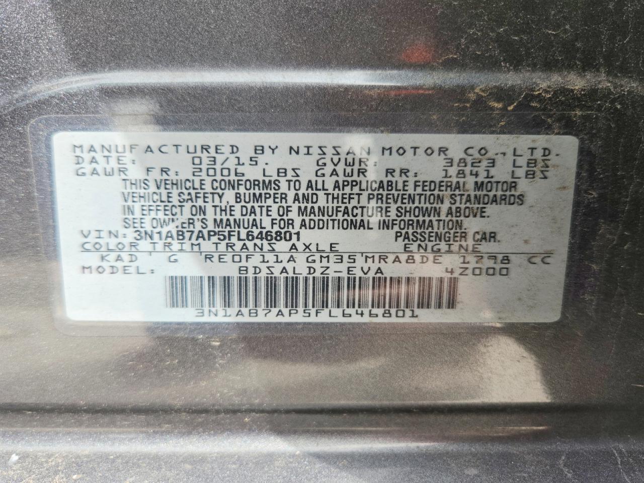 2015 Nissan Sentra Sv Gray vin: 3N1AB7AP5FL646801