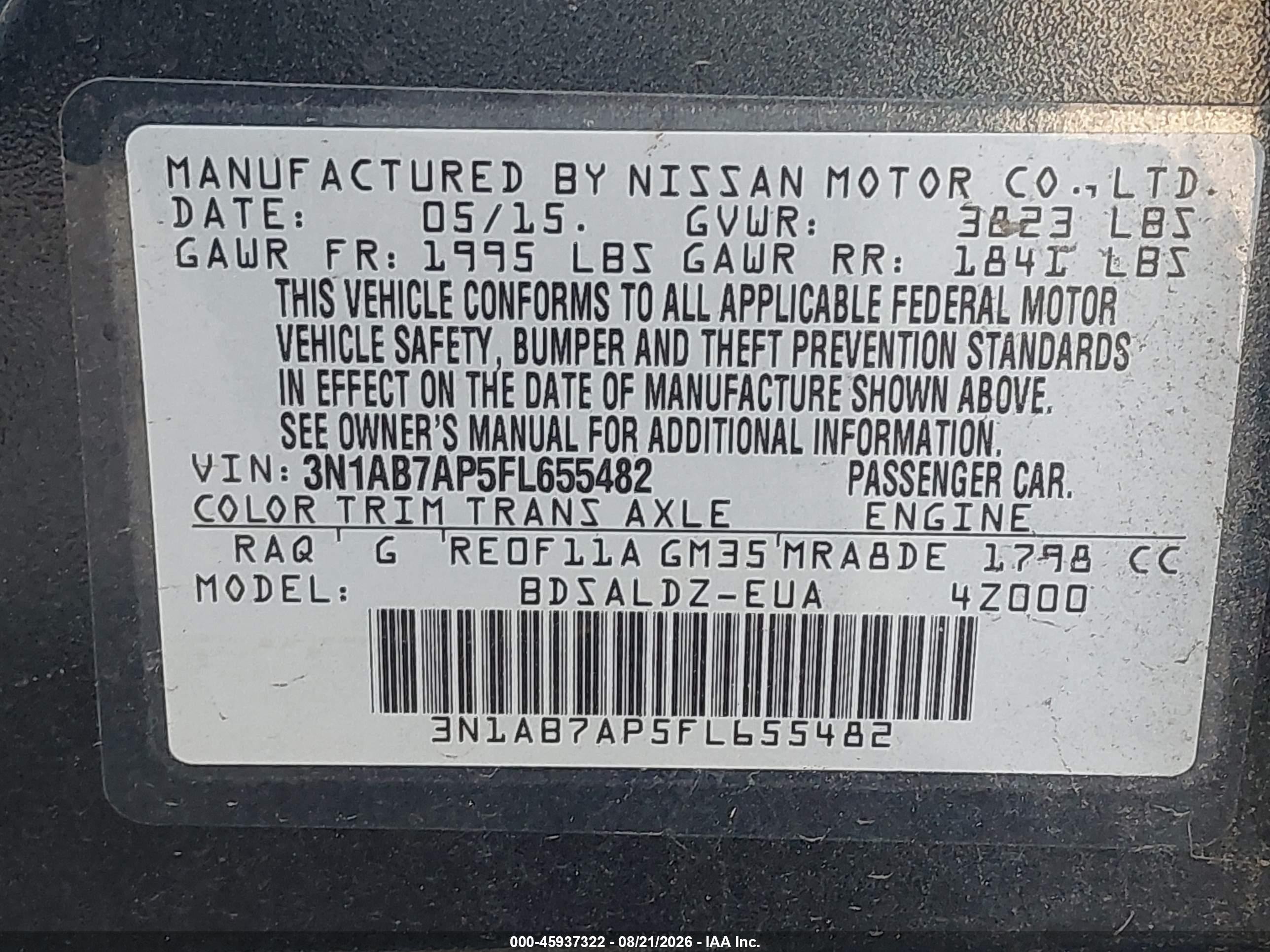 2015 Nissan Sentra Fe+ S/s/sl/sr/sv Blue vin: 3N1AB7AP5FL655482