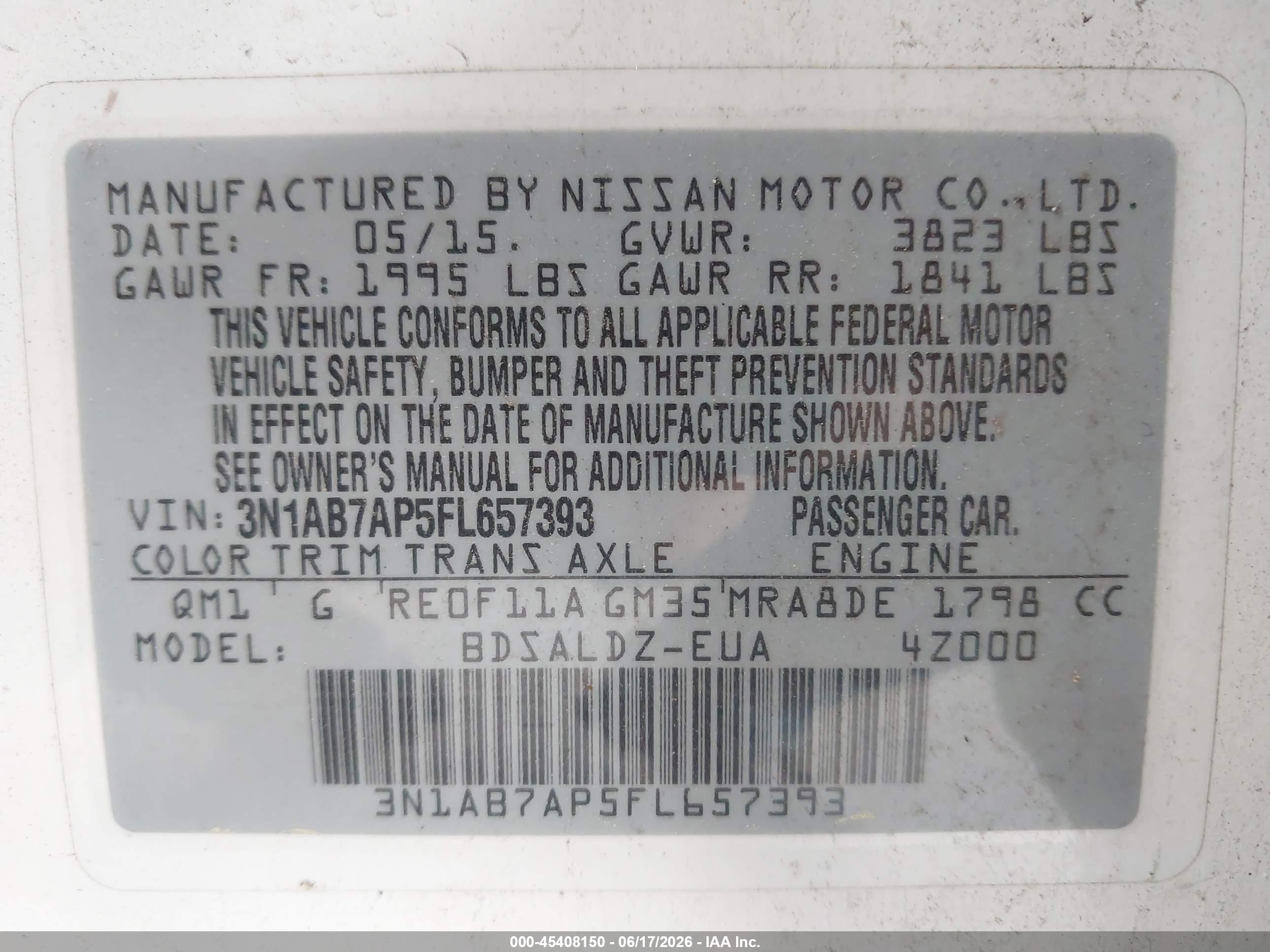2015 Nissan Sentra Fe+ S/s/sl/sr/sv Белый vin: 3N1AB7AP5FL657393
