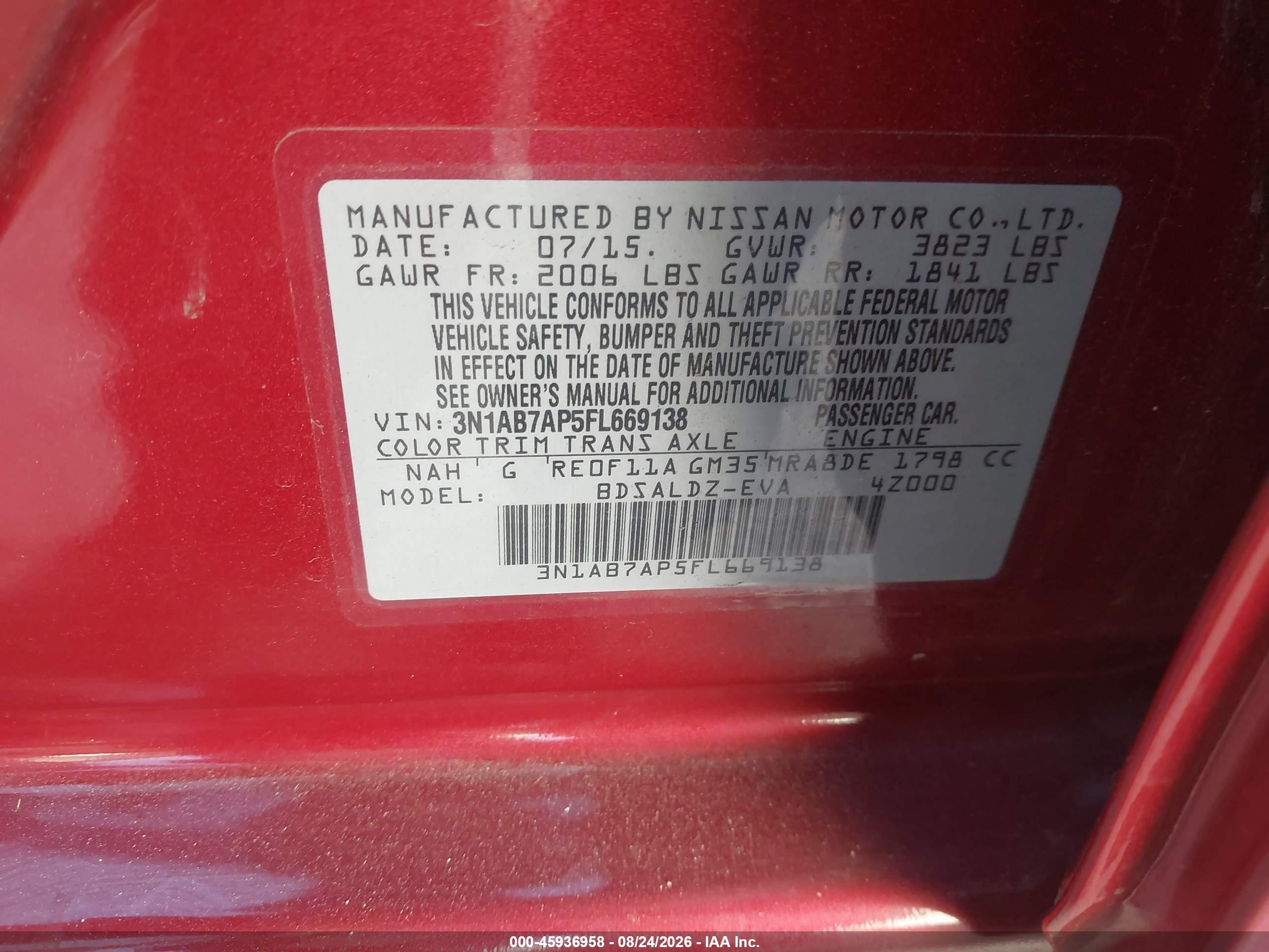 2015 Nissan Sentra Fe+ S/s/sl/sr/sv Red vin: 3N1AB7AP5FL669138