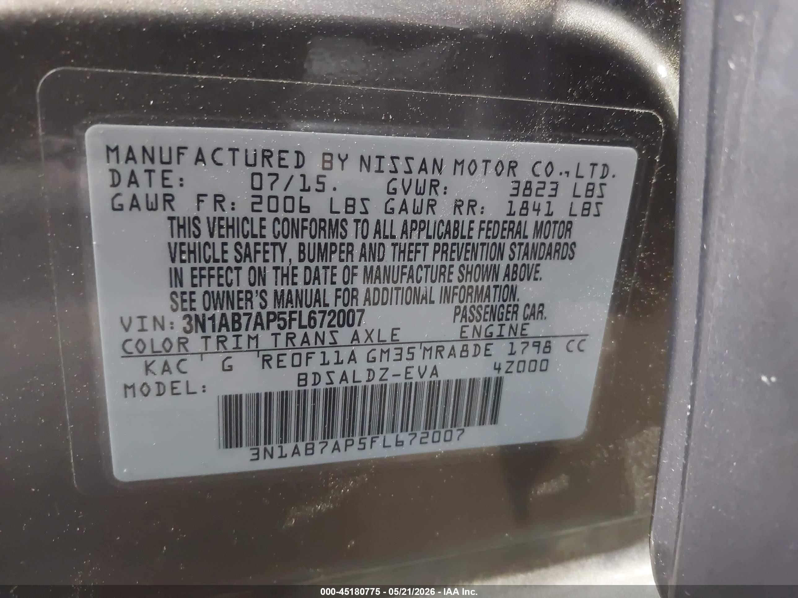 2015 Nissan Sentra Sv Tan vin: 3N1AB7AP5FL672007