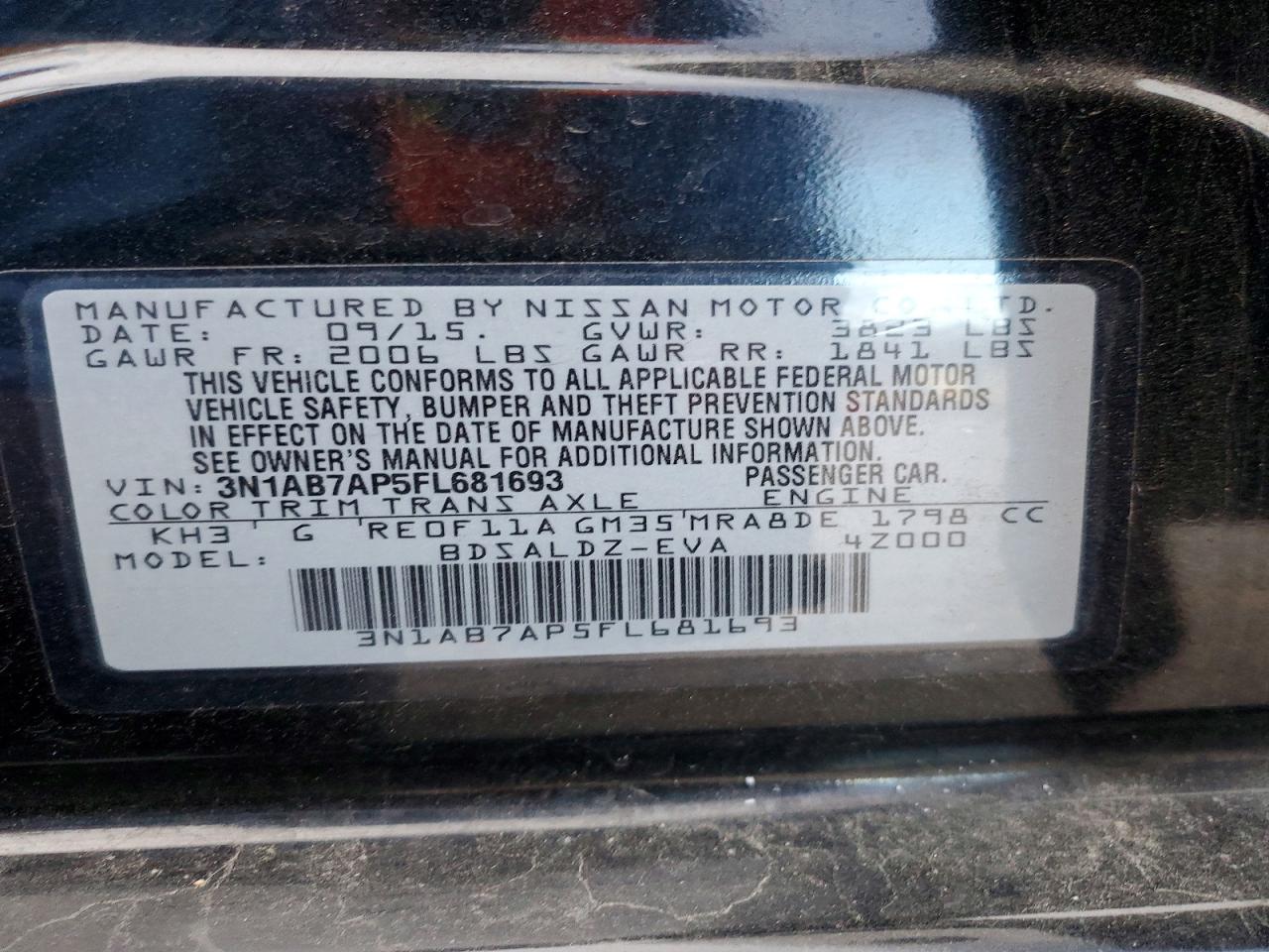 2015 Nissan Sentra Sv Black vin: 3N1AB7AP5FL681693