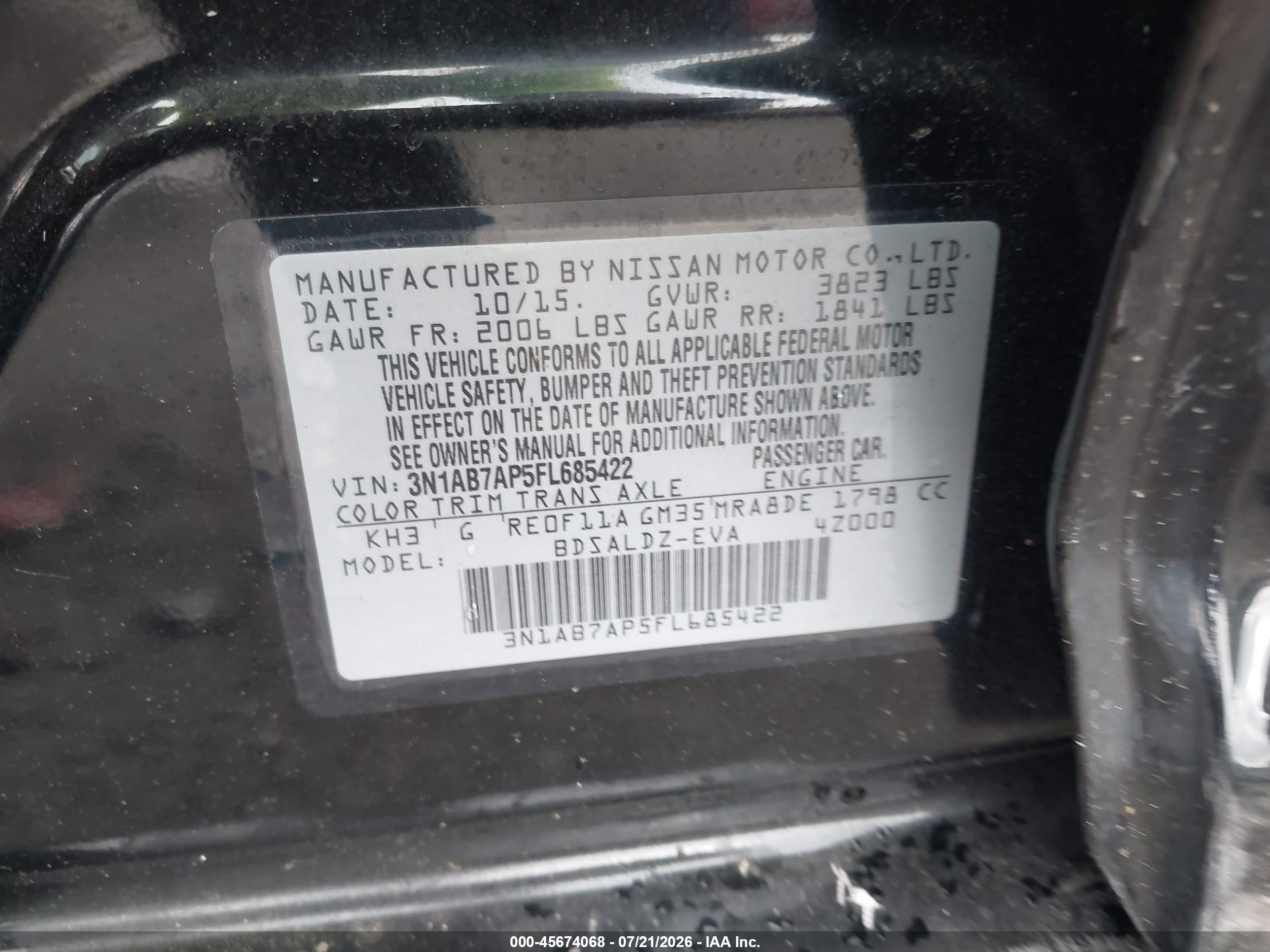2015 Nissan Sentra Sv Black vin: 3N1AB7AP5FL685422