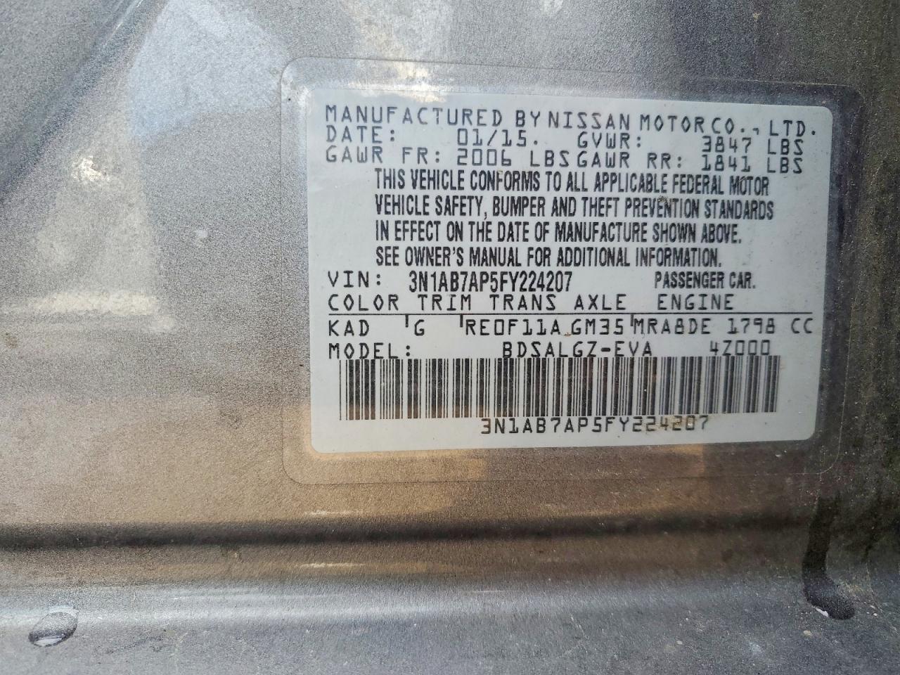 2015 Nissan Sentra Sl Gray vin: 3N1AB7AP5FY224207