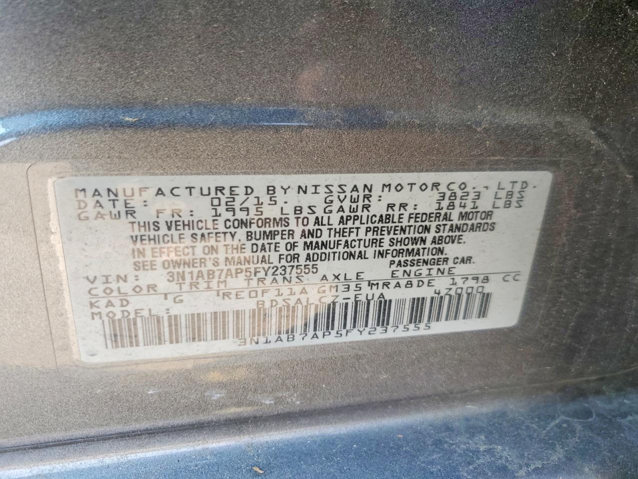2015 Nissan Sentra S Gray vin: 3N1AB7AP5FY237555