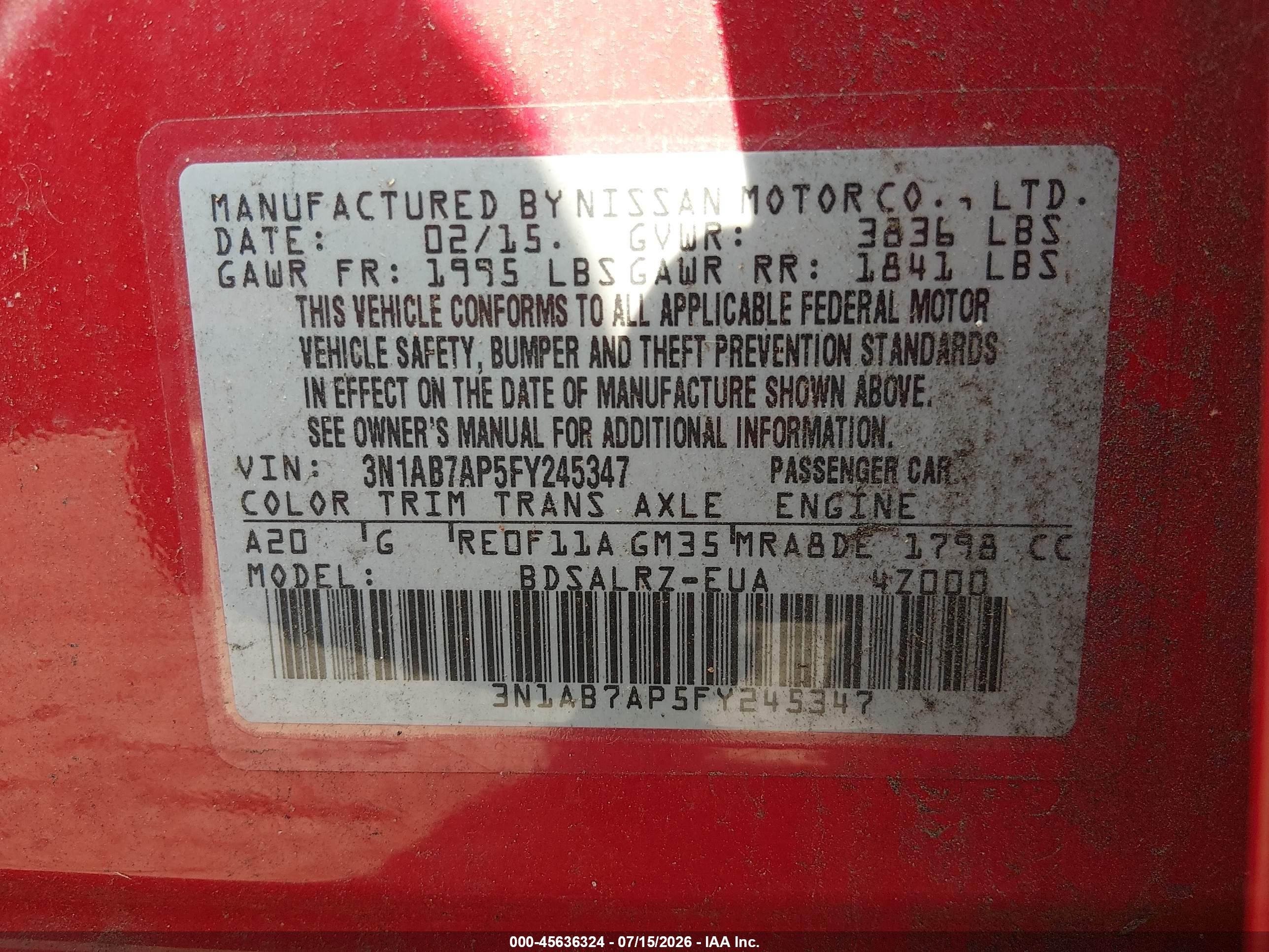 2015 Nissan Sentra Sr Red vin: 3N1AB7AP5FY245347