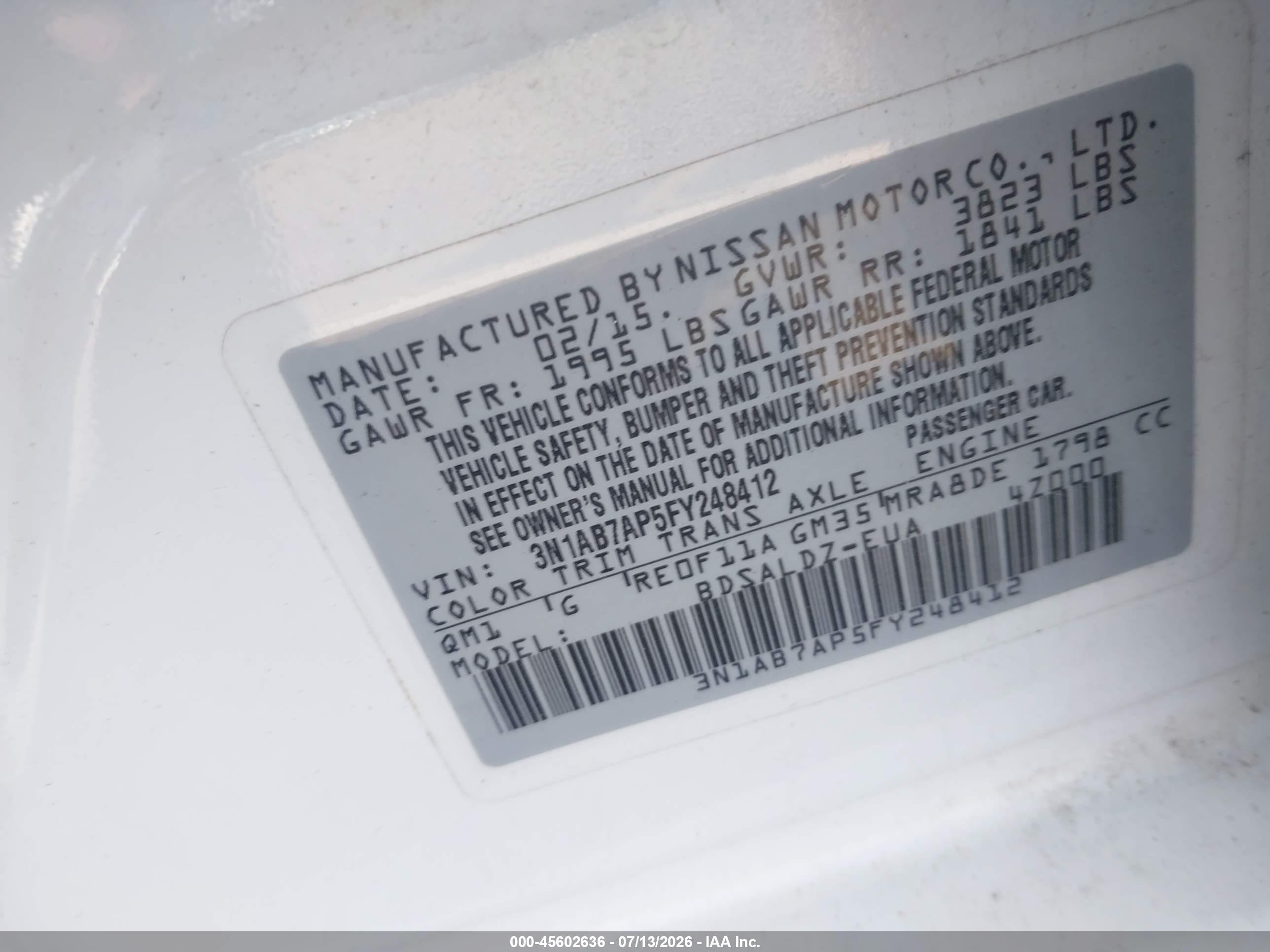 2015 Nissan Sentra Fe+ S/s/sl/sr/sv White vin: 3N1AB7AP5FY248412