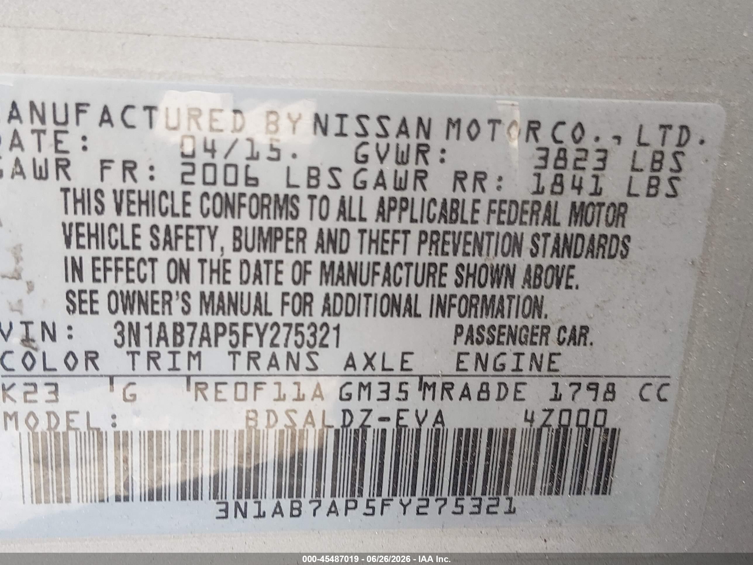 2015 Nissan Sentra Fe+ S/s/sl/sr/sv Silver vin: 3N1AB7AP5FY275321