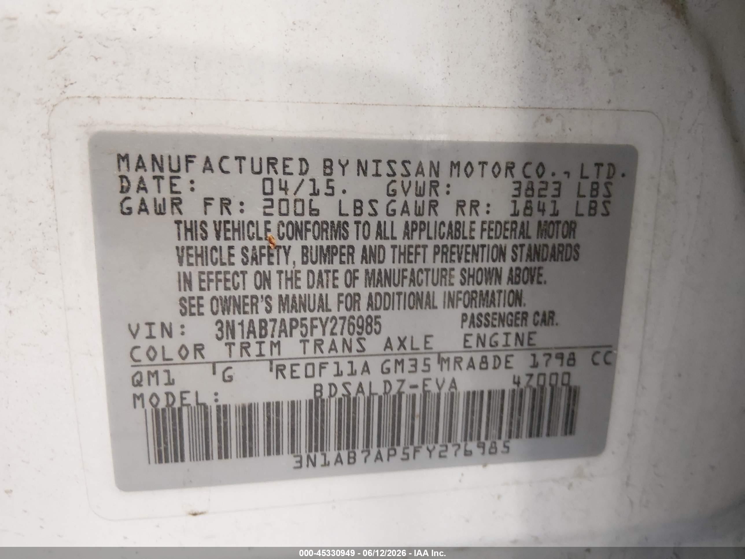 2015 Nissan Sentra Fe+ S/s/sl/sr/sv Белый vin: 3N1AB7AP5FY276985
