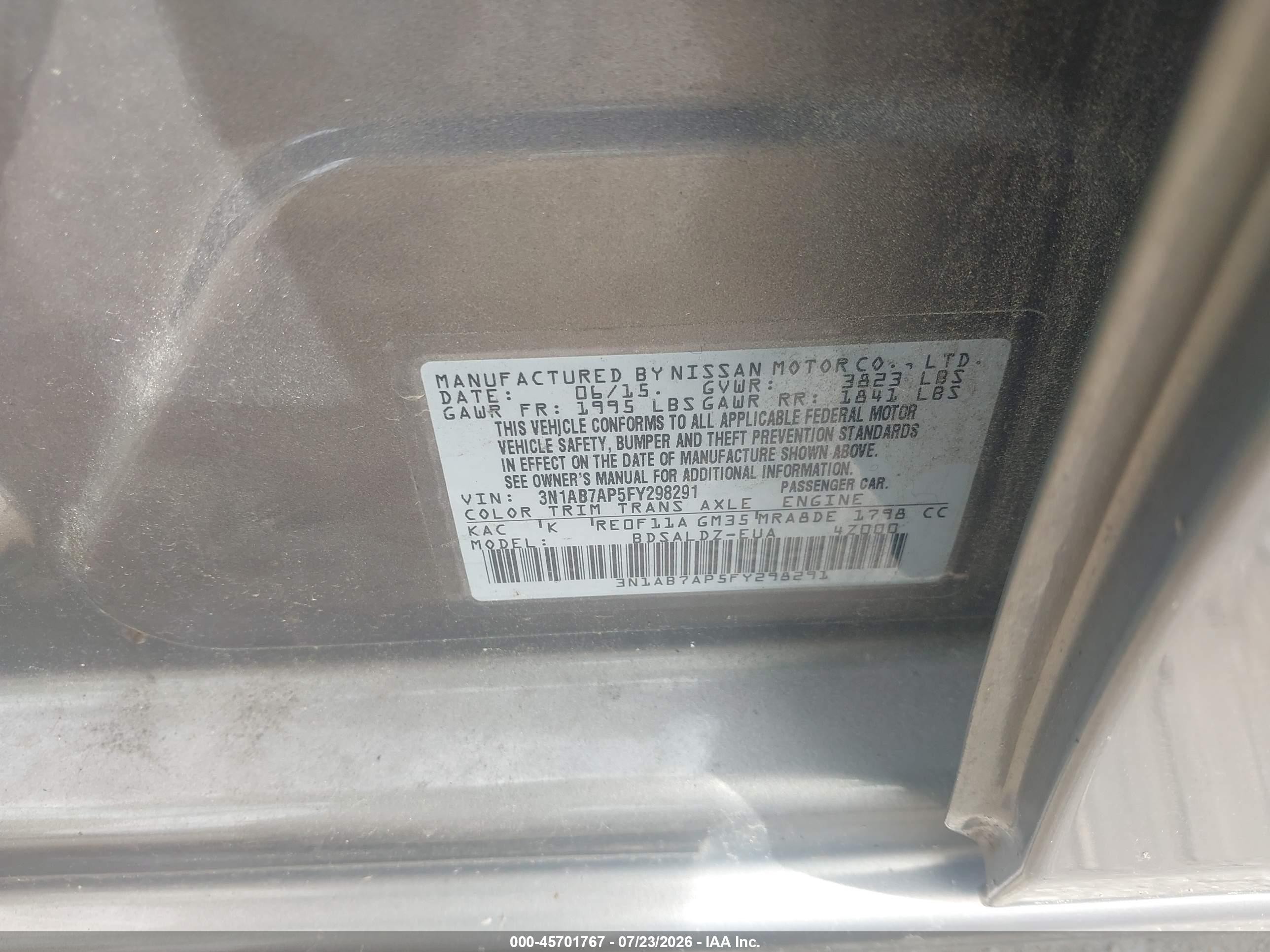2015 Nissan Sentra Sv Gray vin: 3N1AB7AP5FY298291