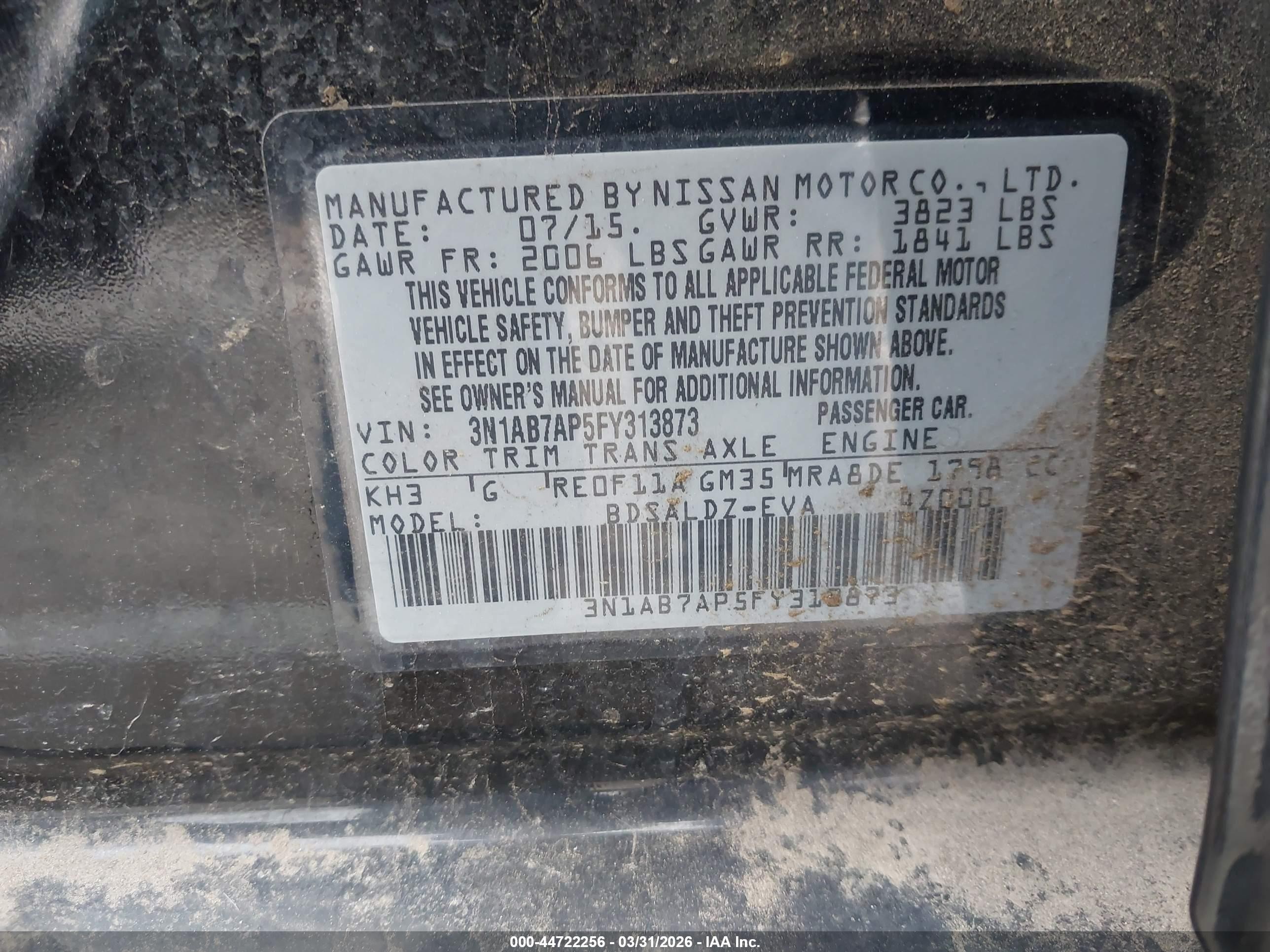 2015 Nissan Sentra Fe+ S/s/sl/sr/sv Black vin: 3N1AB7AP5FY313873