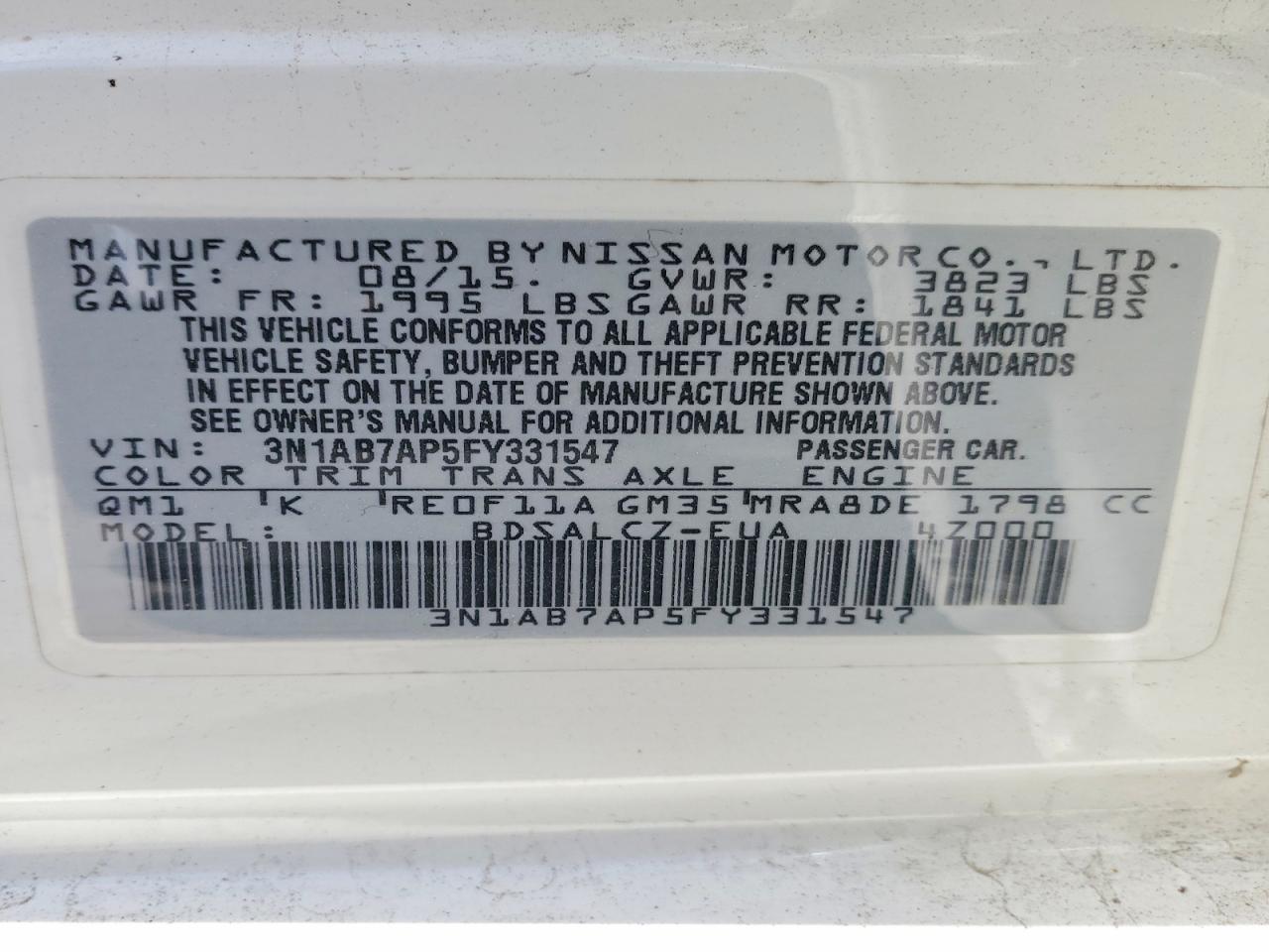 2015 Nissan Sentra S Белый vin: 3N1AB7AP5FY331547