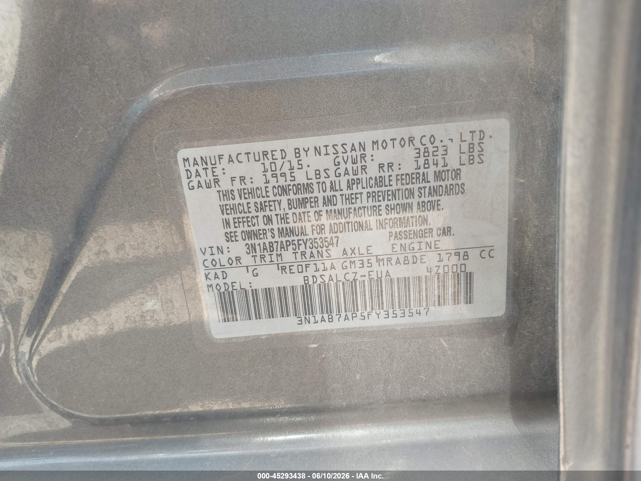 2015 Nissan Sentra S Серый vin: 3N1AB7AP5FY353547