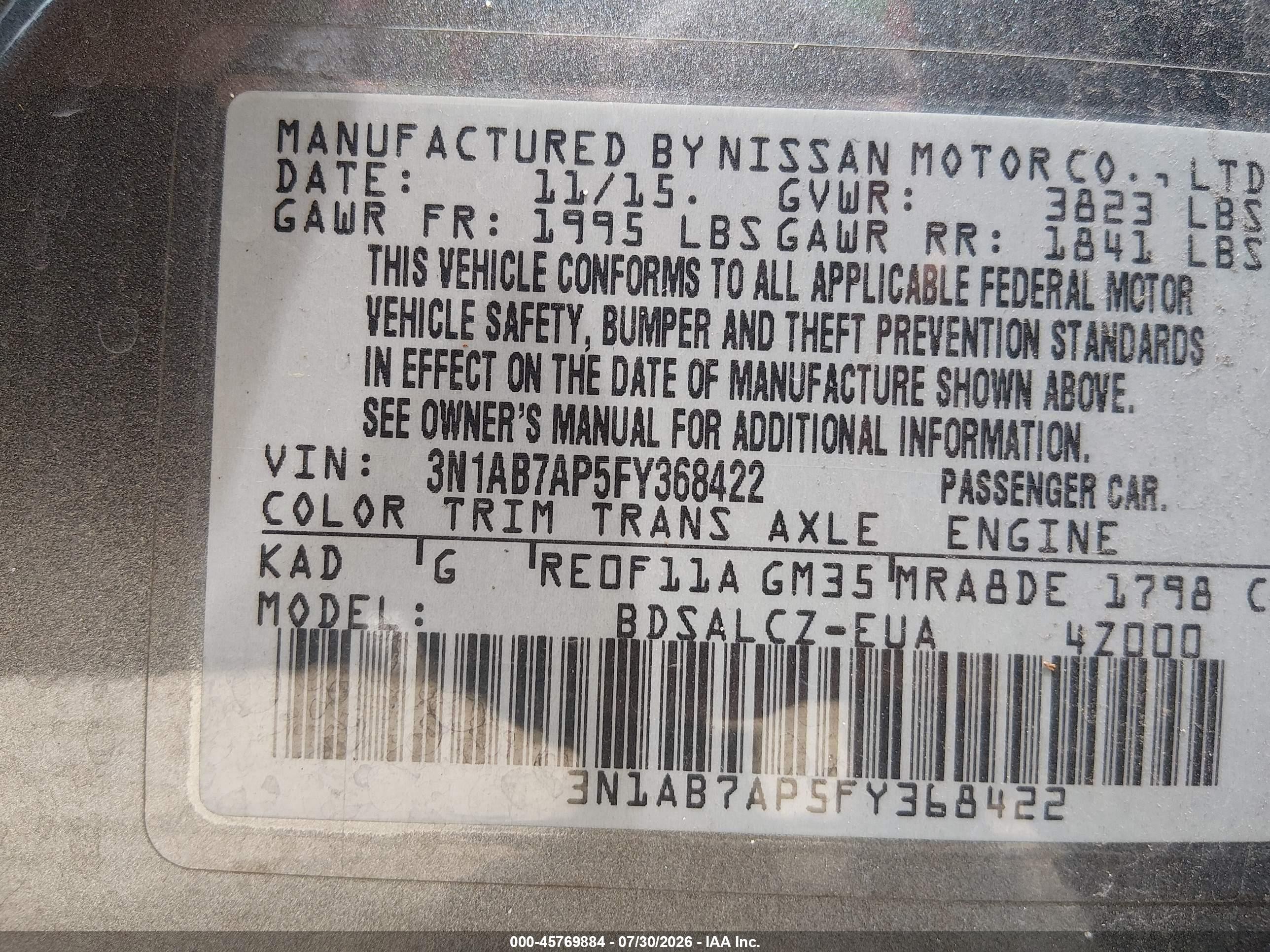 2015 Nissan Sentra S Gray vin: 3N1AB7AP5FY368422