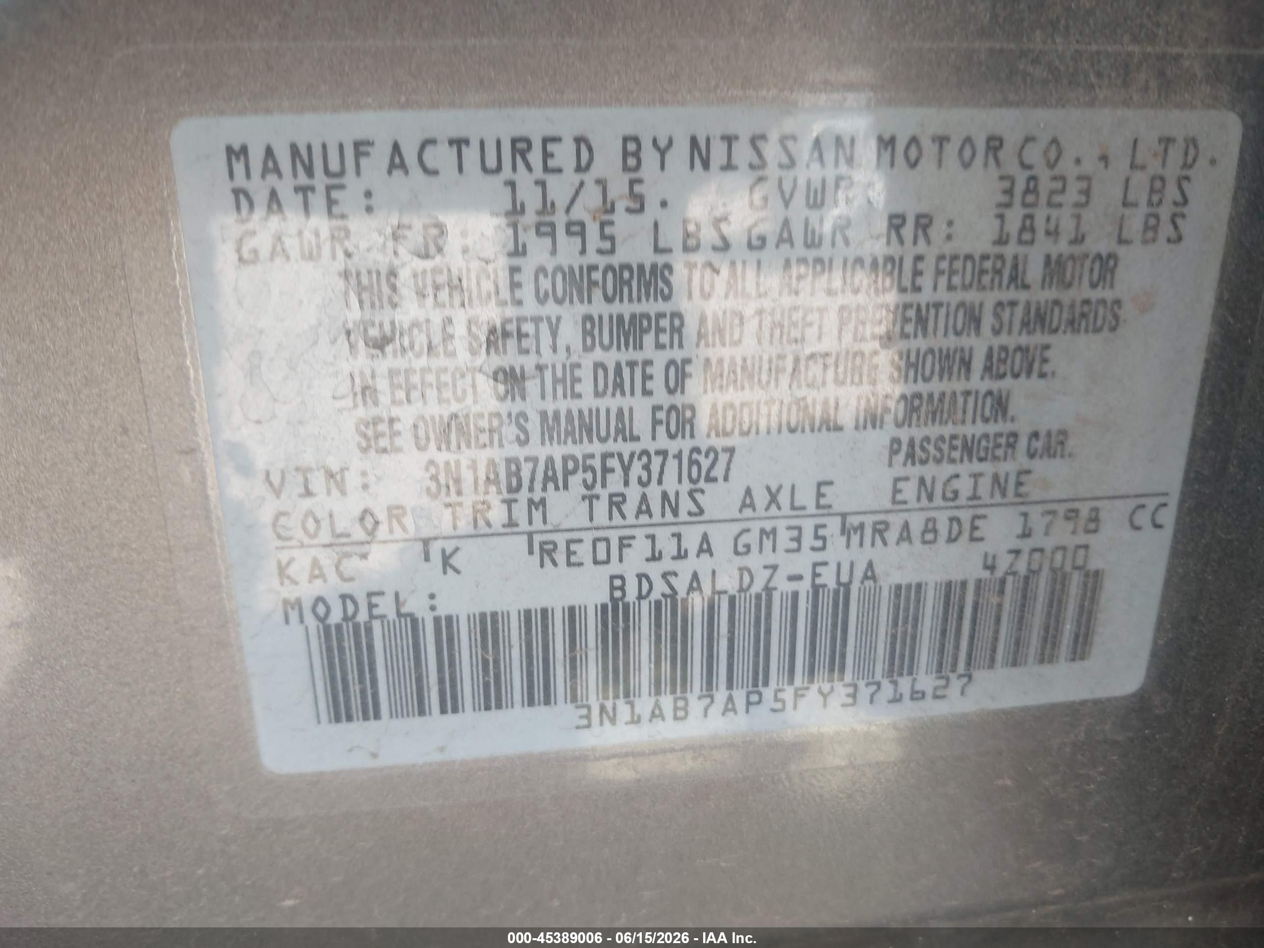 2015 Nissan Sentra Sv Серый vin: 3N1AB7AP5FY371627