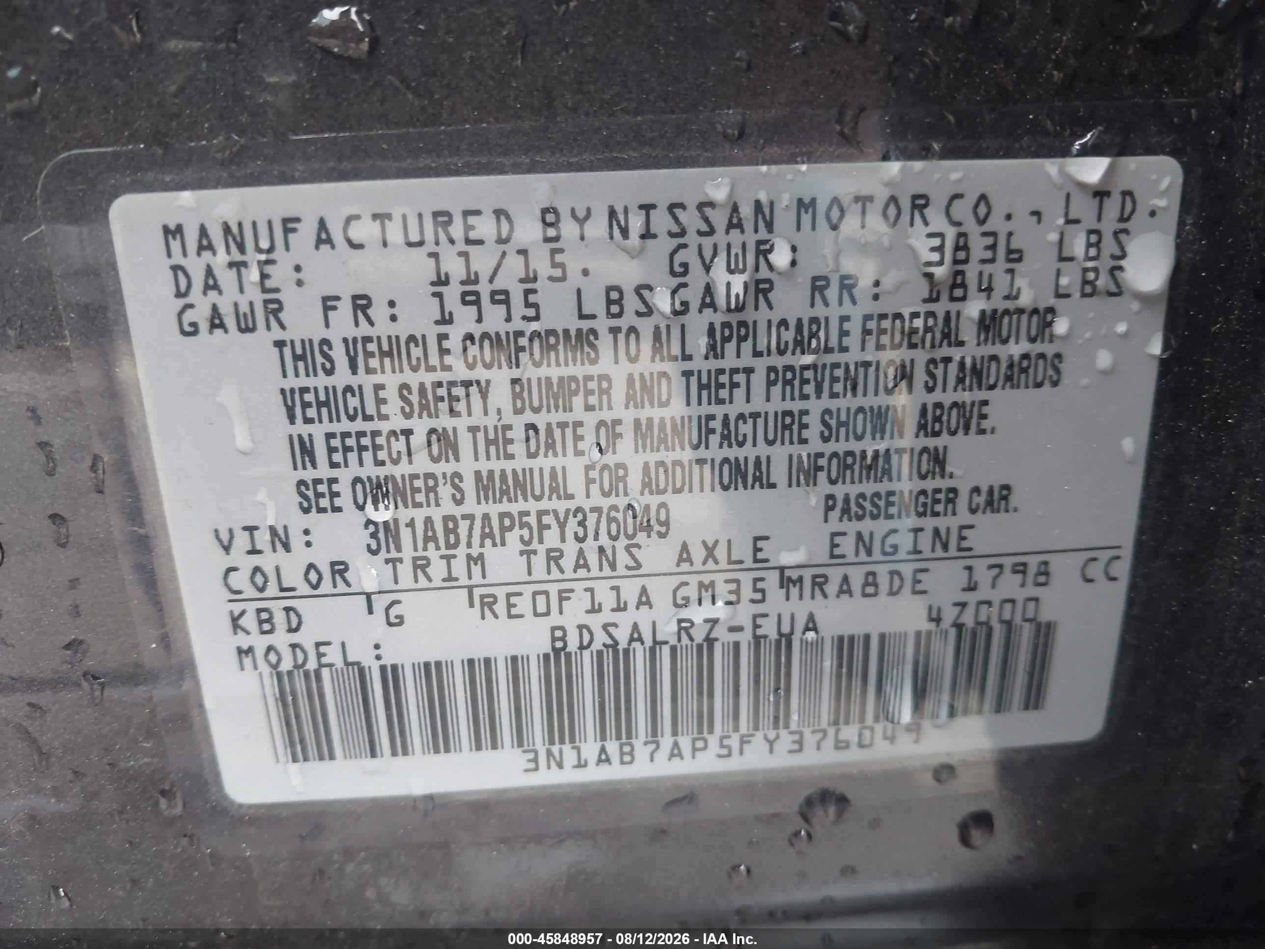 2015 Nissan Sentra Sr Gray vin: 3N1AB7AP5FY376049