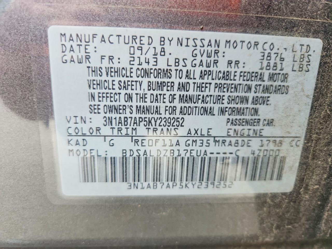 2019 Nissan Sentra Sv Gray vin: 3N1AB7AP5KY239252