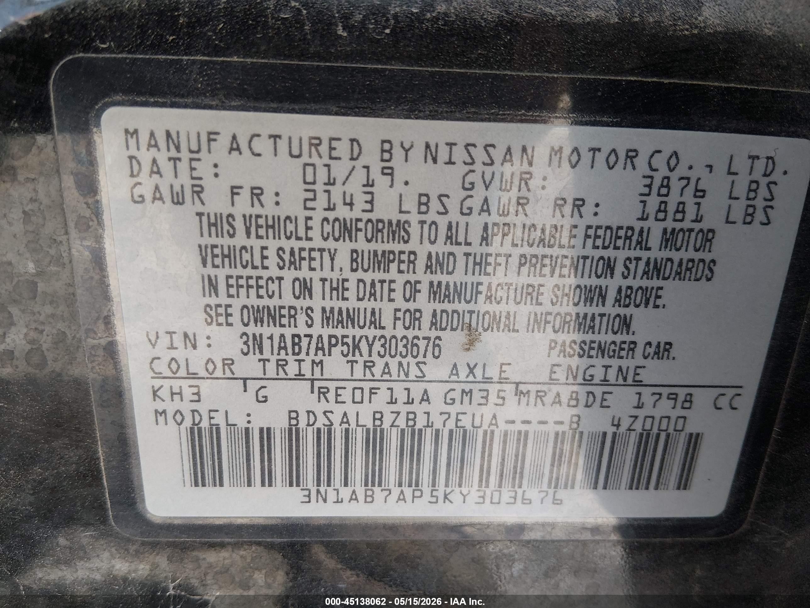 2019 Nissan Sentra S Black vin: 3N1AB7AP5KY303676
