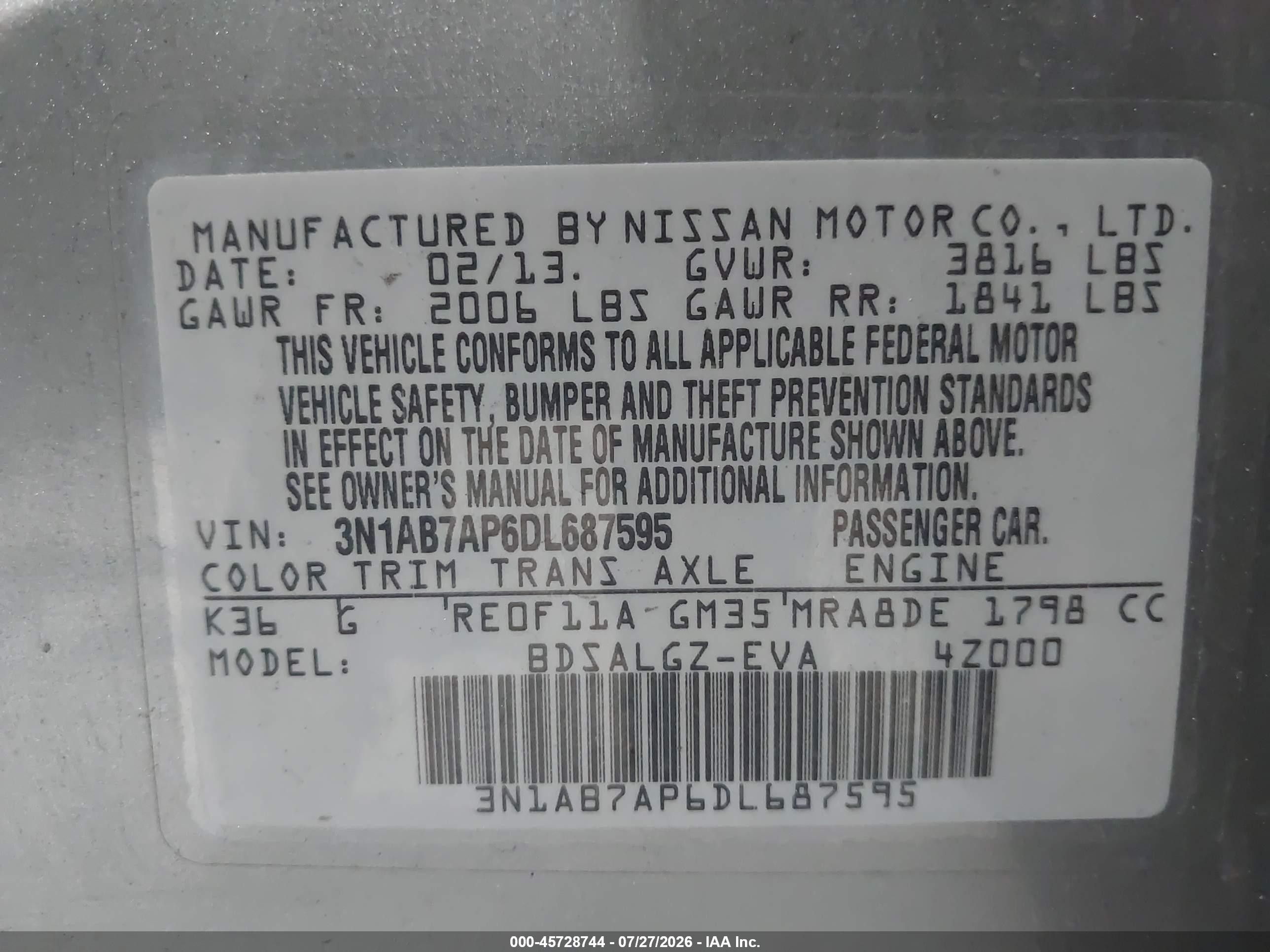 2013 Nissan Sentra Sl Gray vin: 3N1AB7AP6DL687595