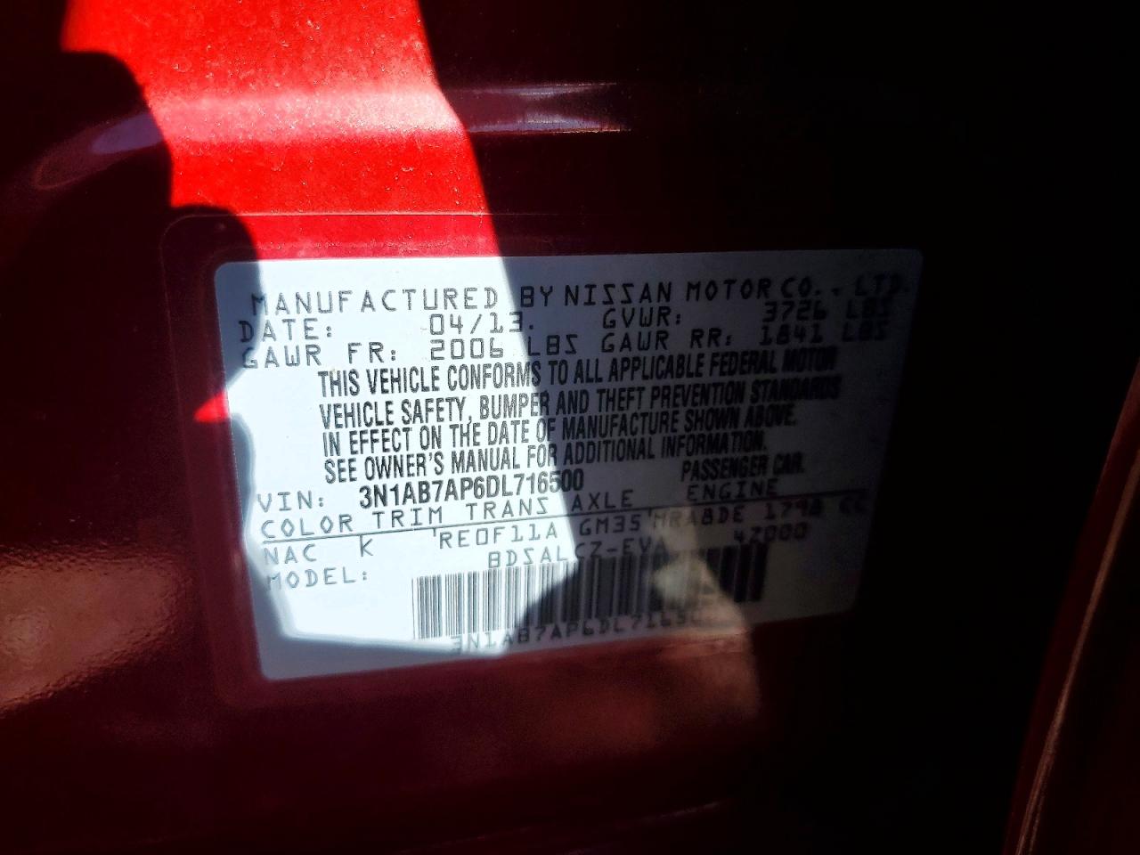2013 Nissan Sentra S Red vin: 3N1AB7AP6DL716500