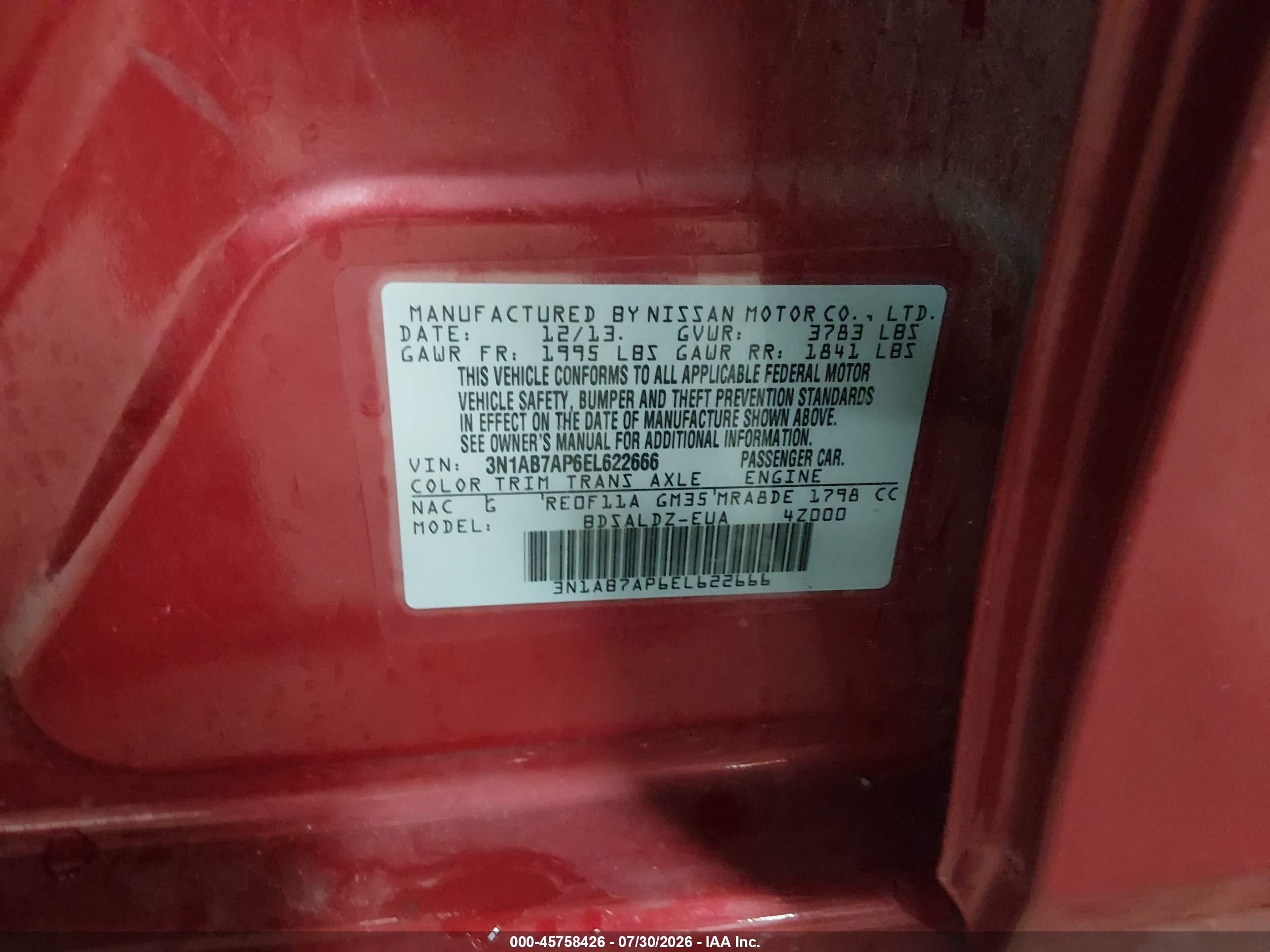 2014 Nissan Sentra Fe+ S/fe+ Sv/s/sl/sr/sv Красный vin: 3N1AB7AP6EL622666