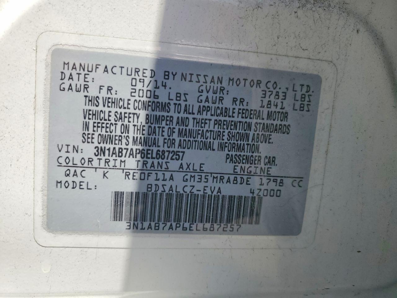 2014 Nissan Sentra S White vin: 3N1AB7AP6EL687257
