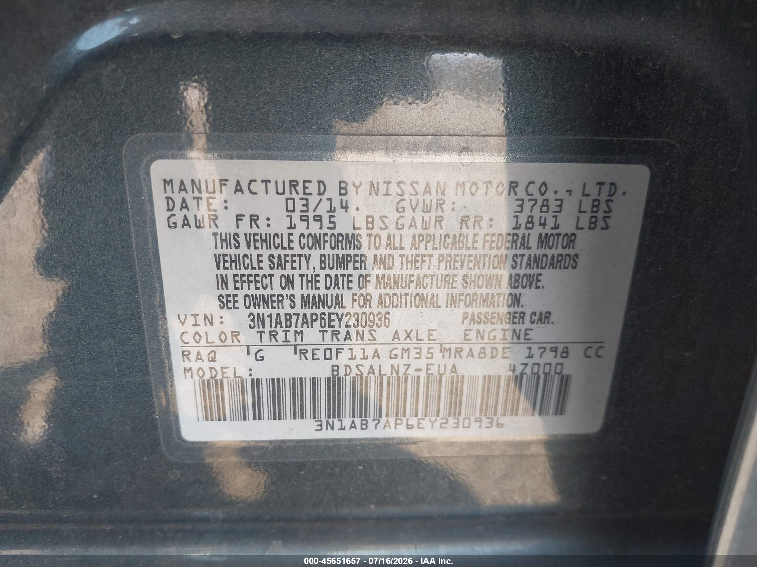 2014 Nissan Sentra Fe+ Sv Blue vin: 3N1AB7AP6EY230936