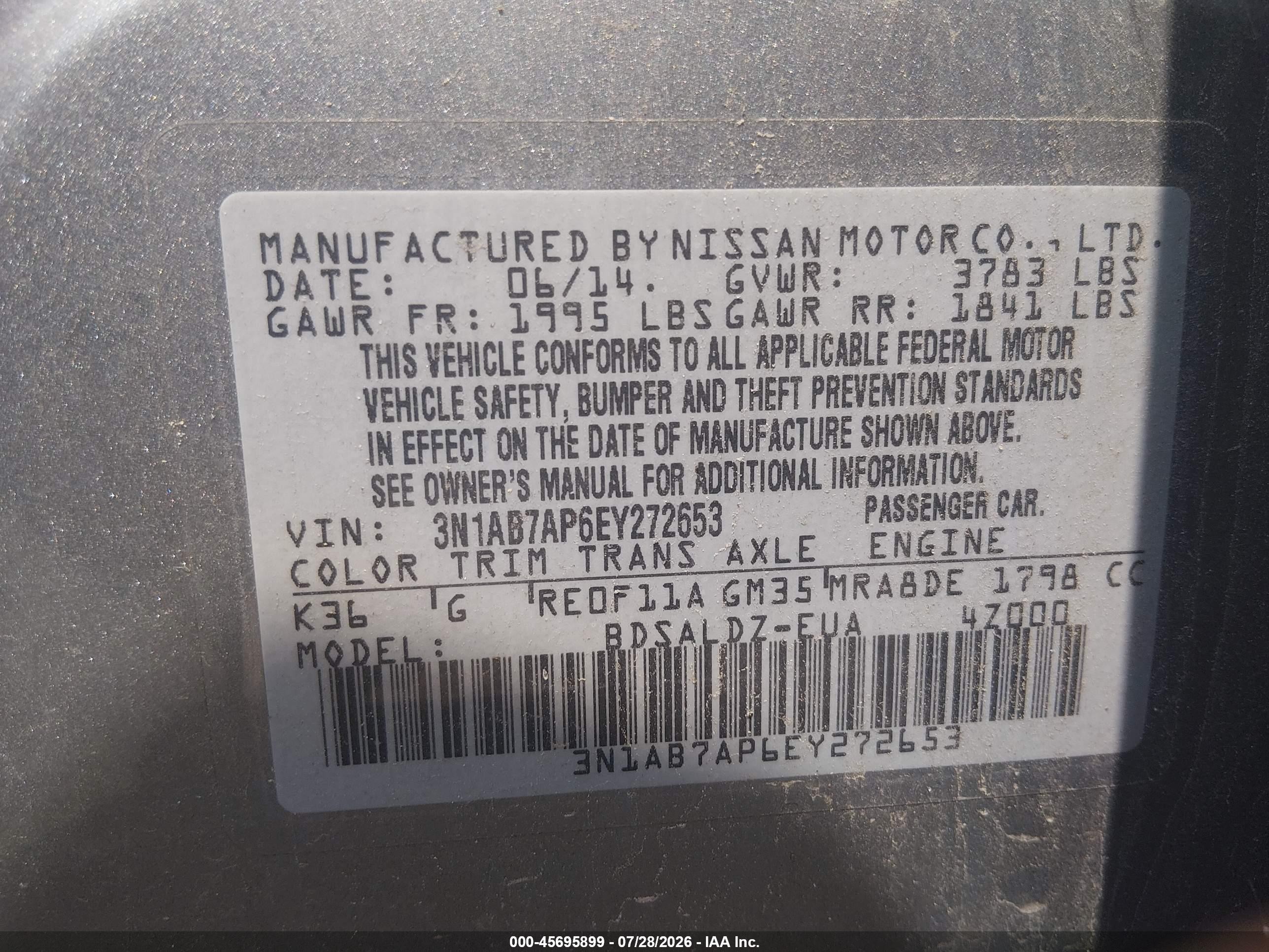 2014 Nissan Sentra Fe+ S/fe+ Sv/s/sl/sr/sv Silver vin: 3N1AB7AP6EY272653